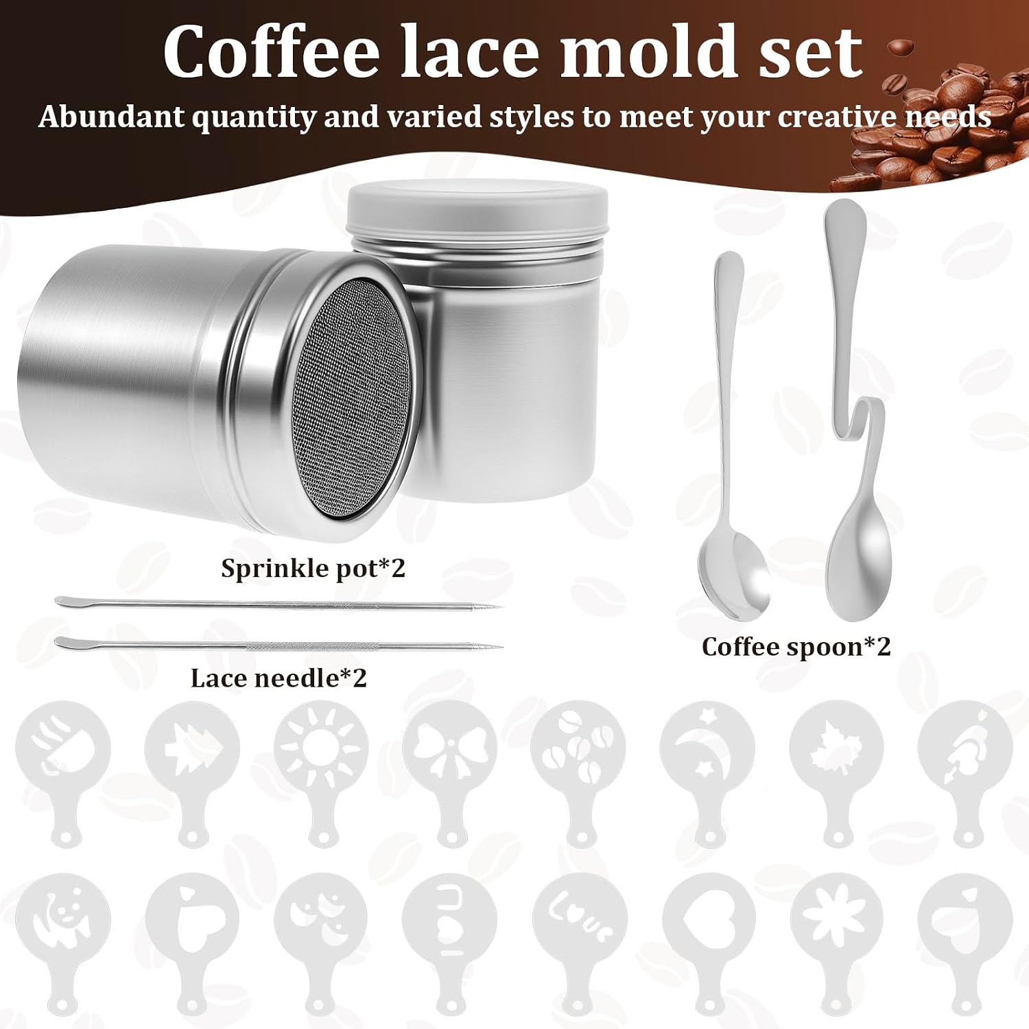 16Pcs Barista Latte Art Stencil Set with Stainless Steel Shakers - Coffee Mold Templates for Cappuccino, Chocolate & DIY Desserts