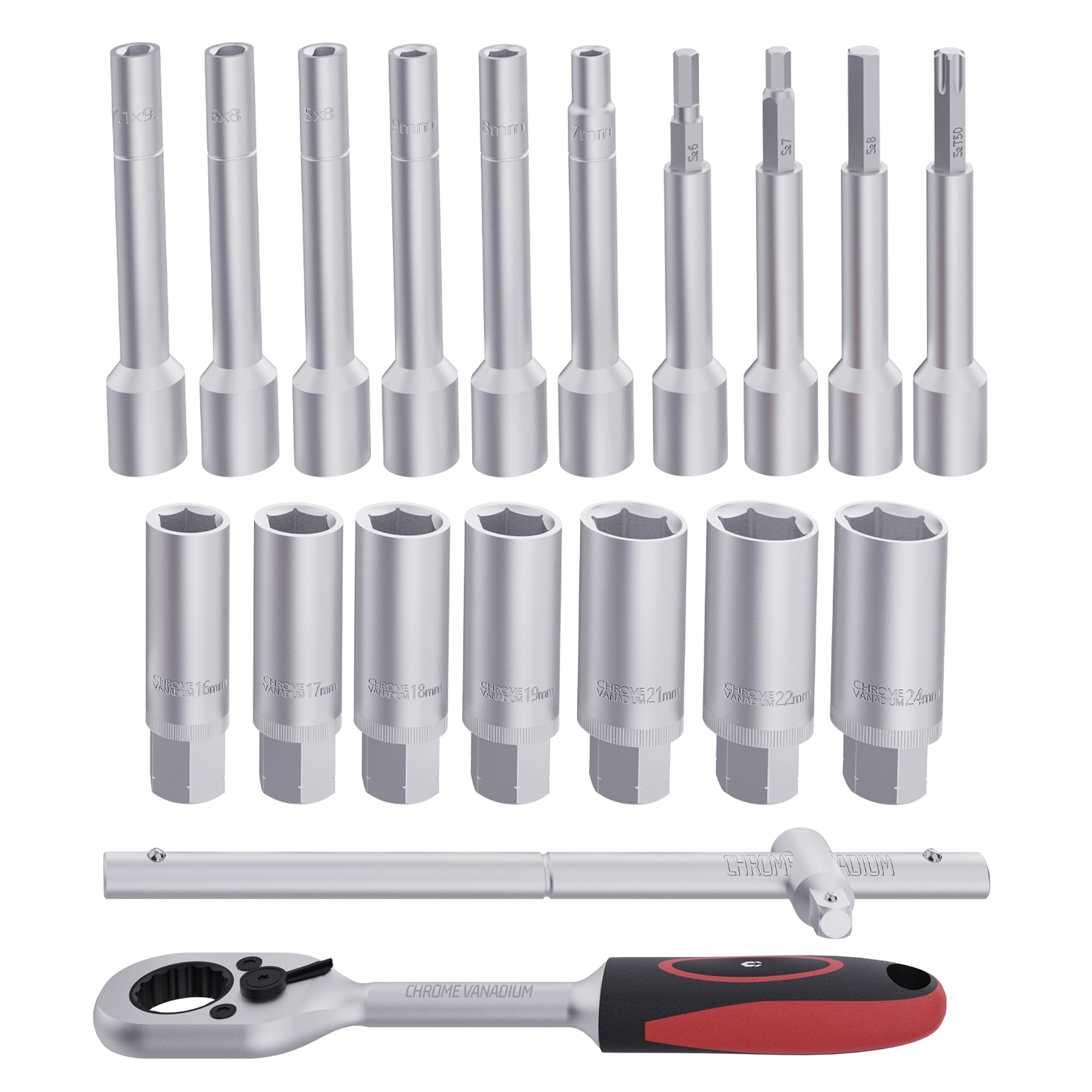 CCLIFE Stoßdämpfer Werkzeug Set 19-TLG 1/2 Zoll Antrieb Langnuss 16-24 mm Spezialnüsse 6-9 mm