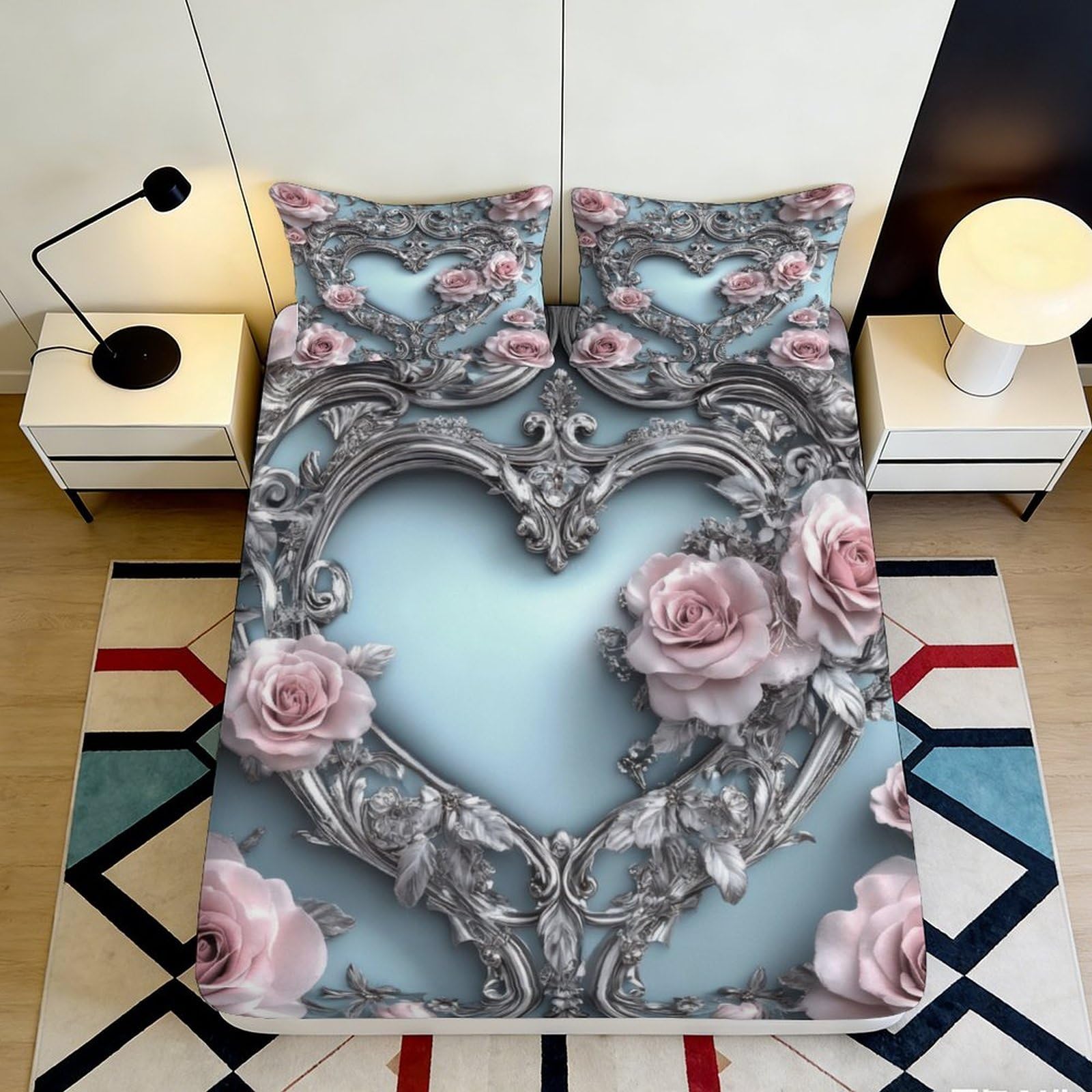 Uynsixtme Style-8 3D Printed Baroque Floral Heart Fitted Sheet Microfiber Deep Pocket Bedroom Bedding Wrap Floral Mattress Fitted Cover Non-Slip Washable 140X200x25cm