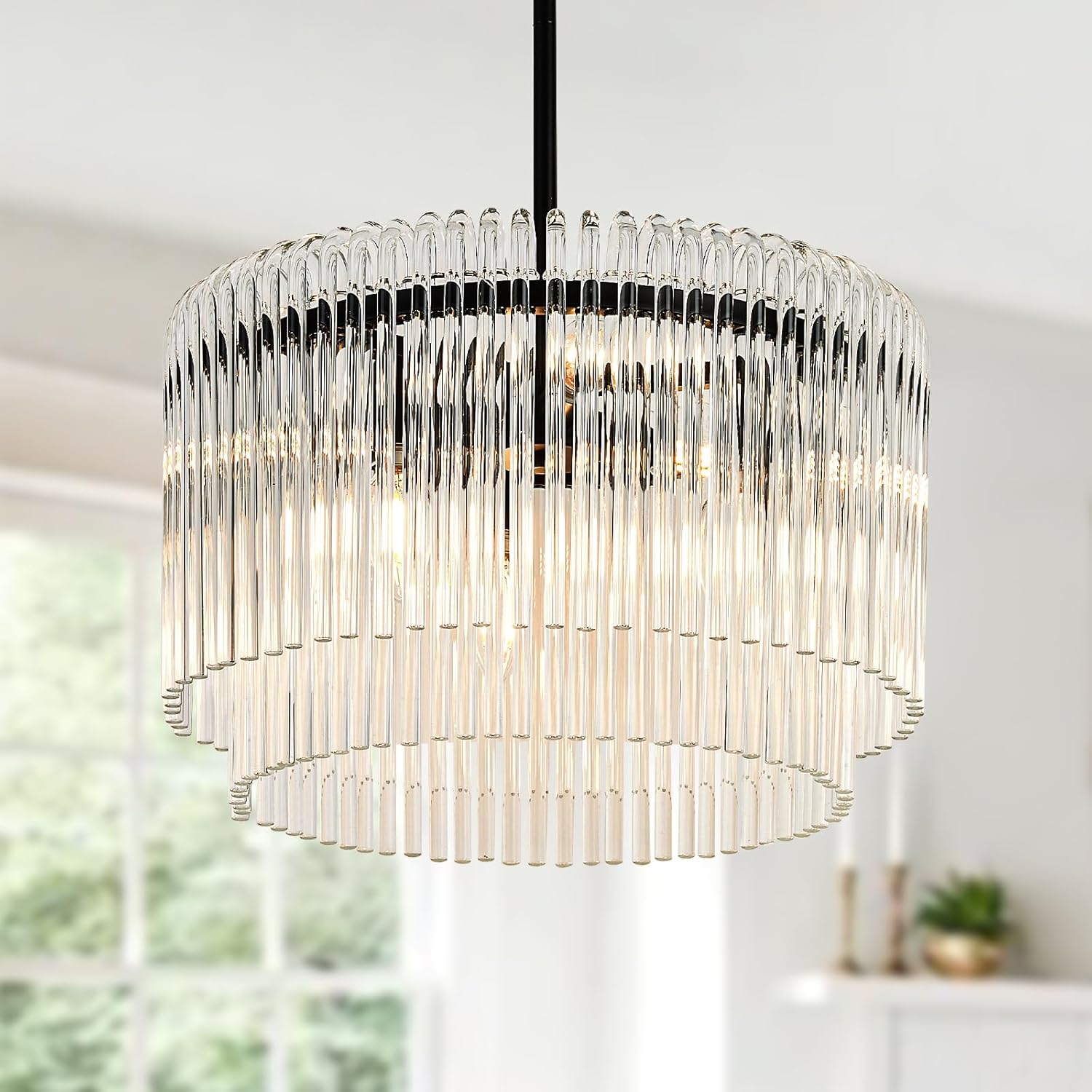 15.44" Drum Chandeliers Dining Room Black Modern Round Glass Brushed Nickel Chandelier 6-Lights with Crystals for Living Room Kitchen Island Entryway Foyer Stairway Light Fixture