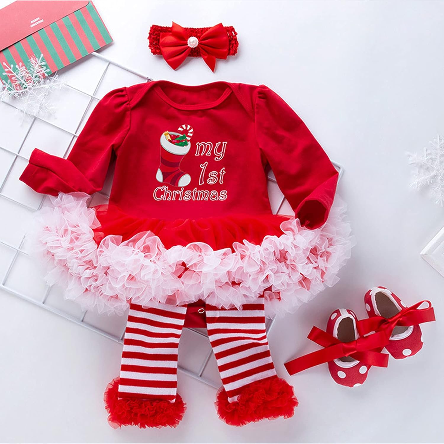4Pcs Newborn Baby Girls Christmas Outfit Headband Romper Tutu Dress Leg Warmer Set for Baby Girl 0~24 Months - Image 2