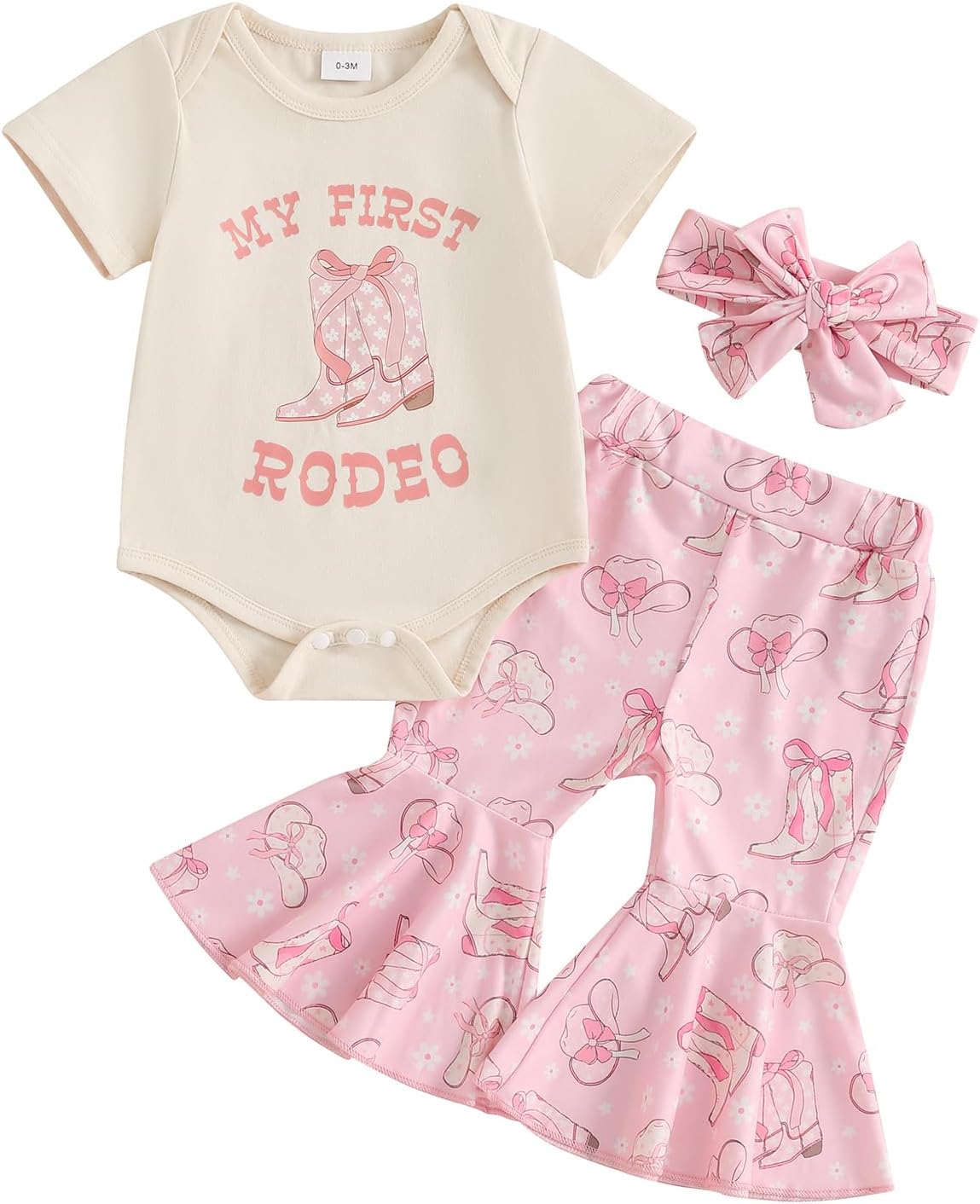 Western Baby Girl Summer Clothes My First Rodeo Shirt Romper Bell Bottoms Flare Pants Set 3Pcs Infant Cowgirl Outfit