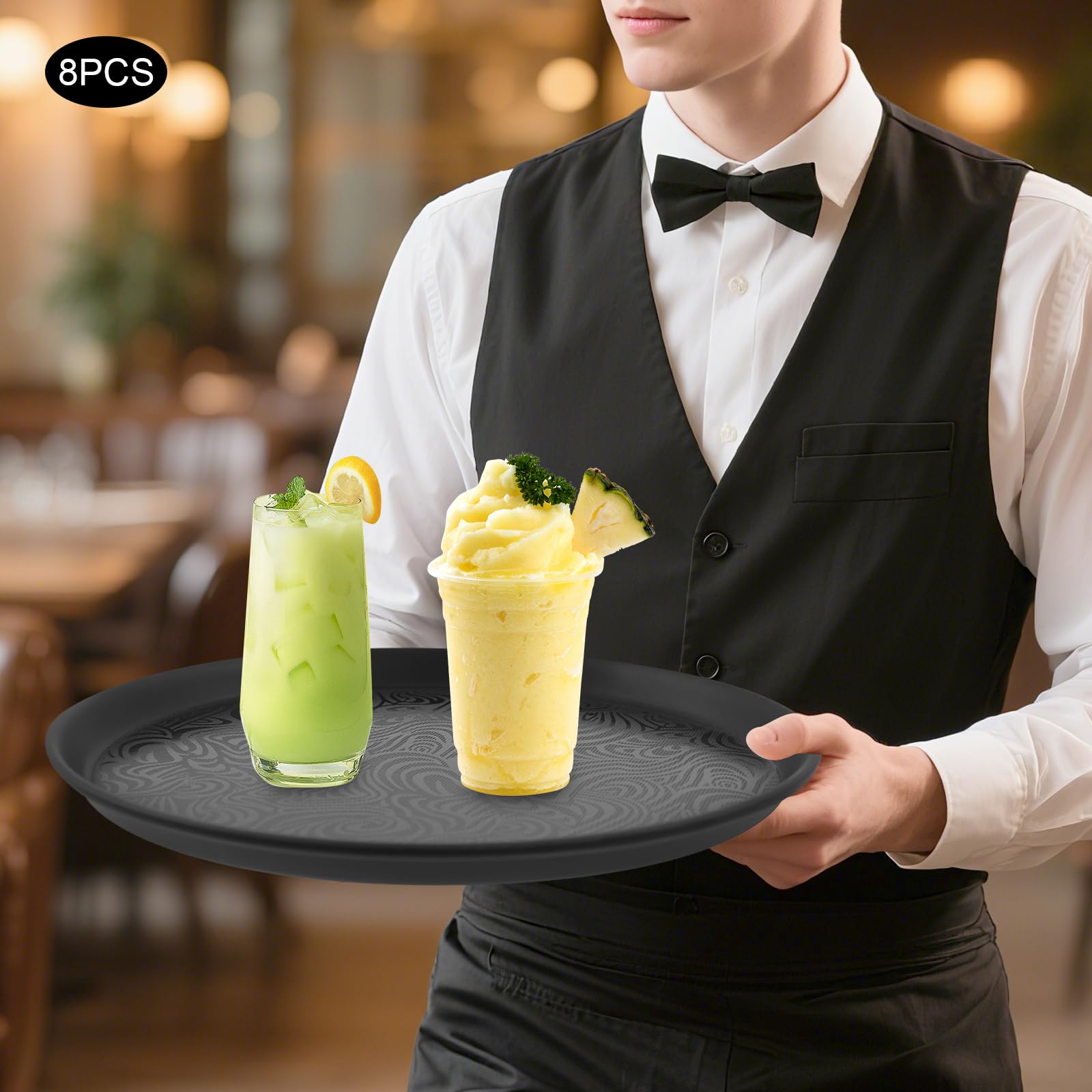 Juego de 8 bandejas de servicio redondas antideslizantes de plástico resistente, color negro, bandeja de restaurante para hoteles, cafés y bar, ligera y robusta para bebidas y comidas (35
