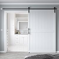 Vista 34 de Puerta corrediza de granero MDF de 48 x 80 pulgadas con kit de herrajes para puerta de granero de 8 pies y asa, agujeros preperforados, fácil