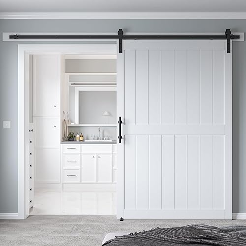 Vista 78 de Puerta corrediza de granero MDF de 30 x 80 pulgadas con kit de herrajes para puerta de granero de 5 pies, losa para puerta de granero con superficie