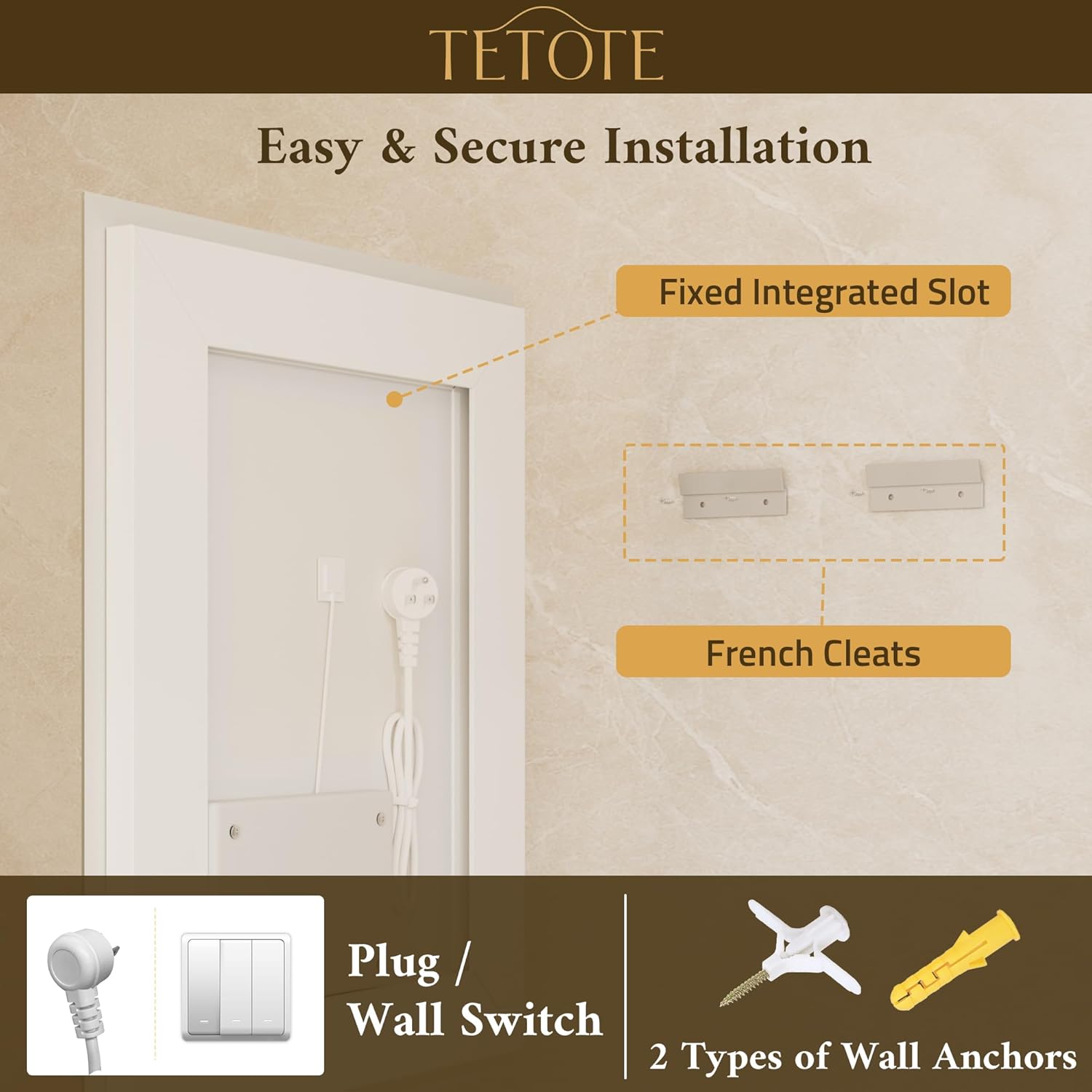 TETOTE 72 x 36 Inch Led Lighted Mirror for Bathroom Wall, Extra-Bright Beveled Bathroom Vanity Frontlit & Backlit Frameless Mirror with 3-Color Lights, Defogging, Tempered Glass, Waterproof