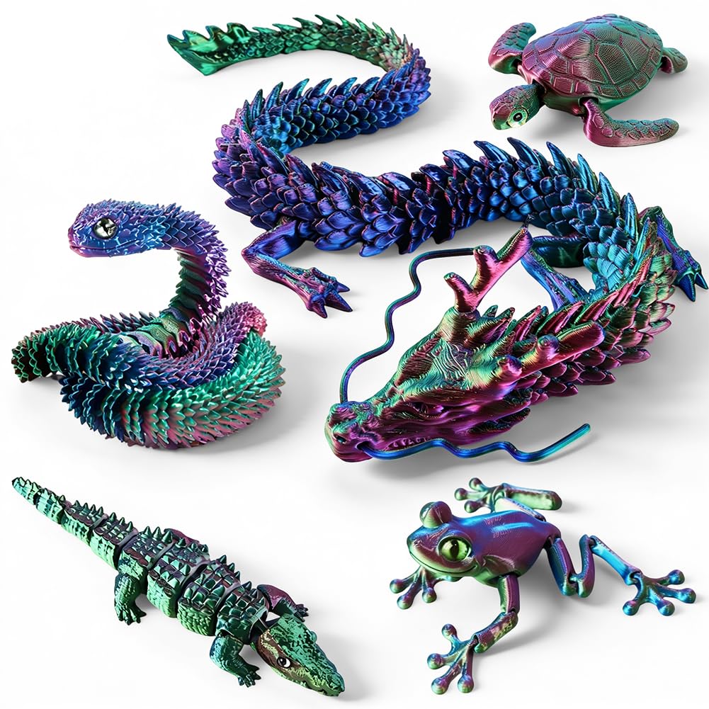 3D Printed Animal Set 6pcs, Dragon, Snake, Turtle, Crocodile