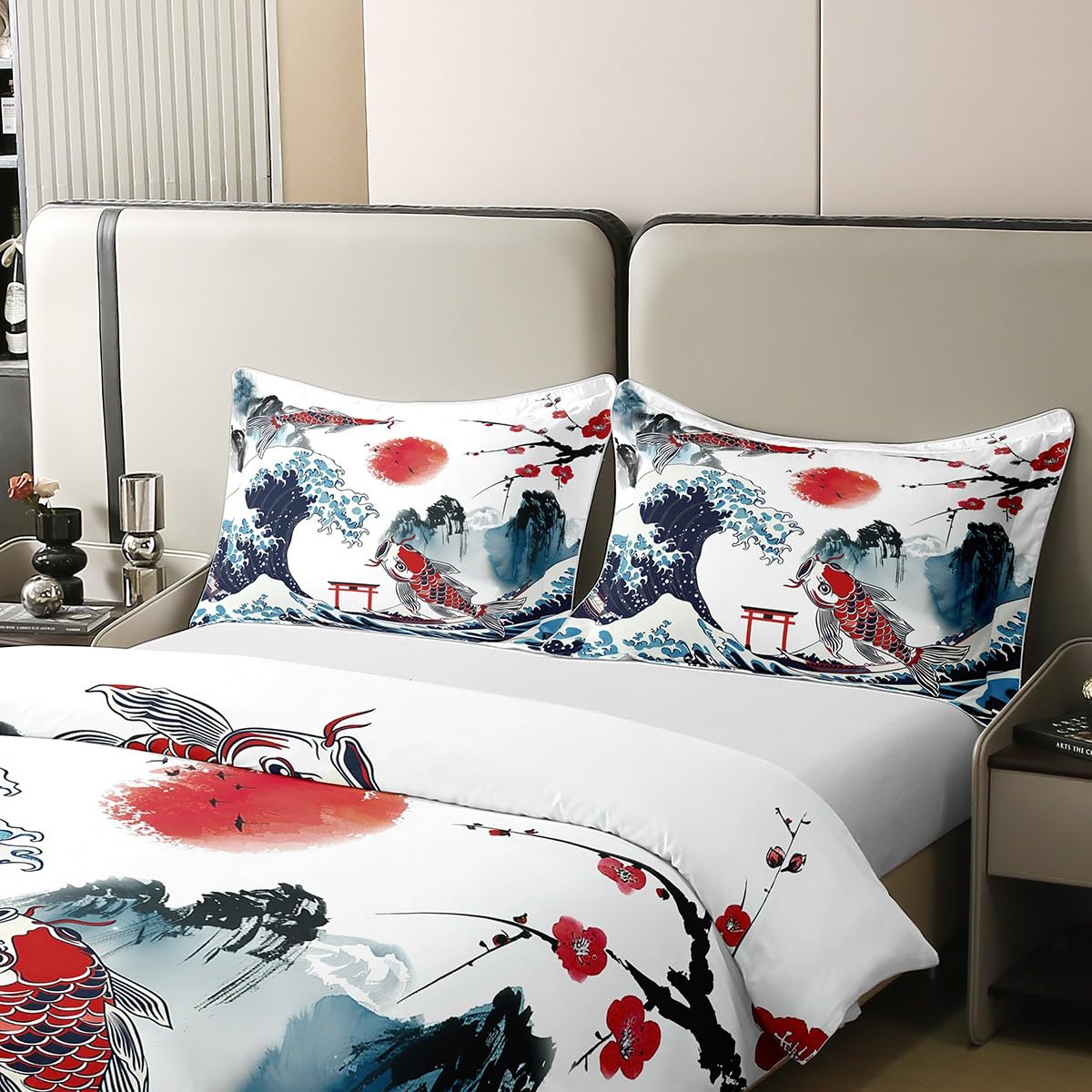 Funda nórdica de 100% algodón, 220 x 240, Carpa Puesta de Sol de Estilo Japonés, Juego de Cama,Ropa de cama de sol de flor de cerezo de ola,Azul blanco rojo Montaña Pez de Mar Cubre Cama