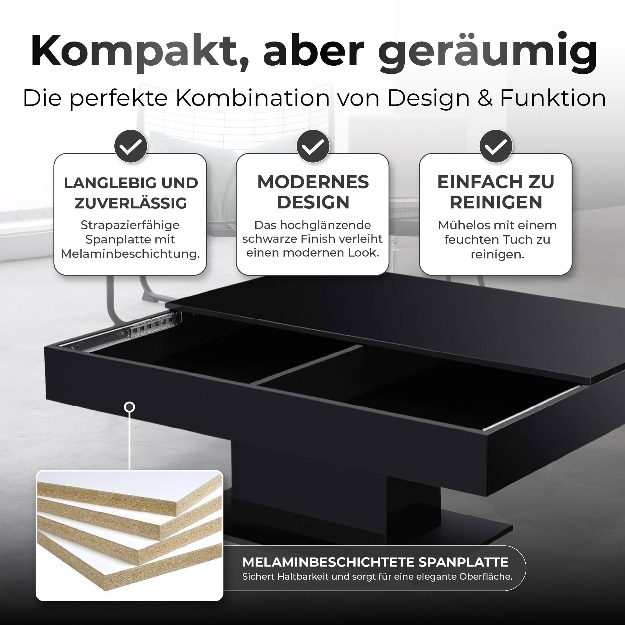 [en.casa] Couchtisch Lünen Wohnzimmertisch mit Stauraum Truhentisch Sofatisch mit ausziehbarer Tischplatte rechteckig 2 Staufächer 40 x 110 x 60 cm Schwarz Hochglanz