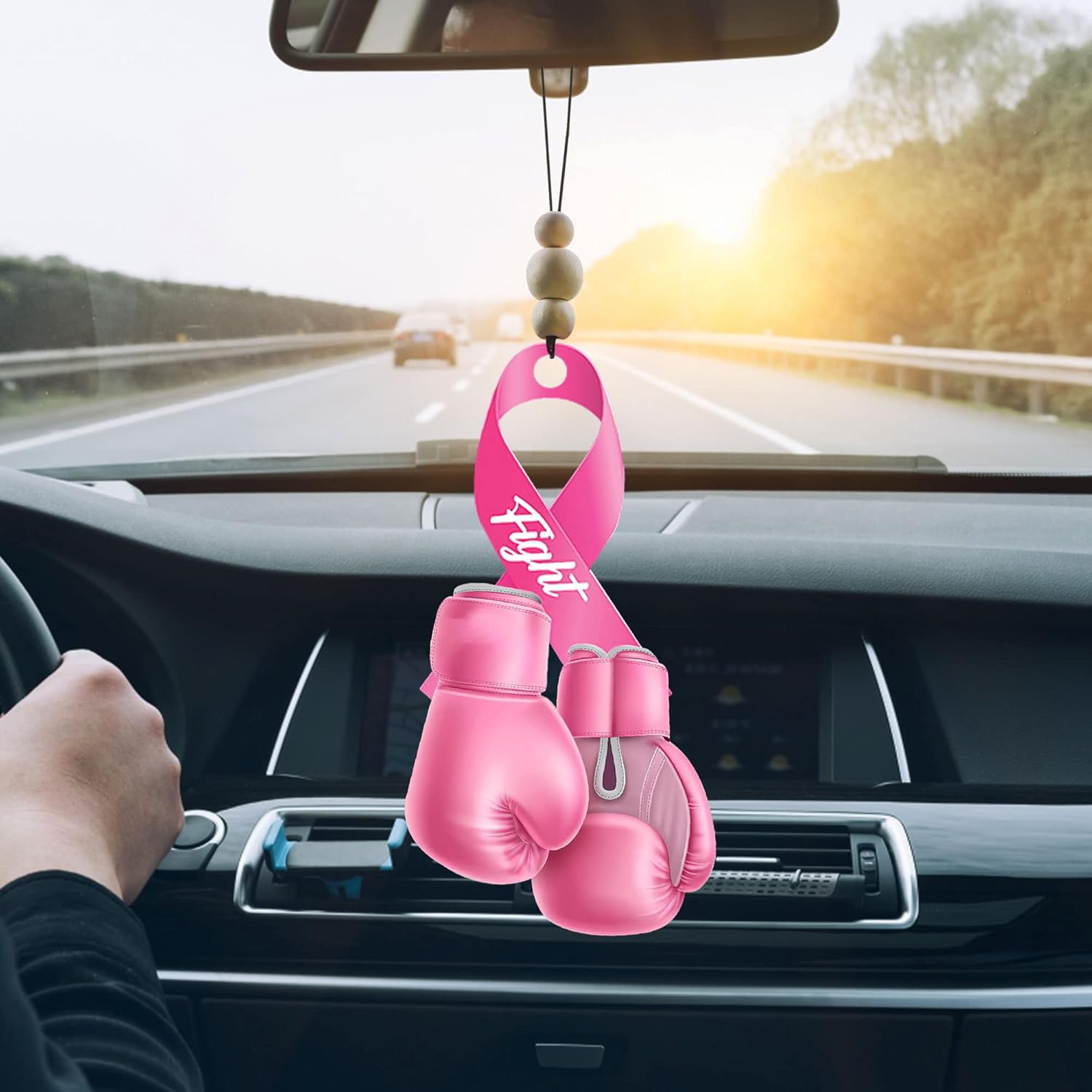 Talataca Breast Cancer 2D Flat Car Ornament & Wood Beads