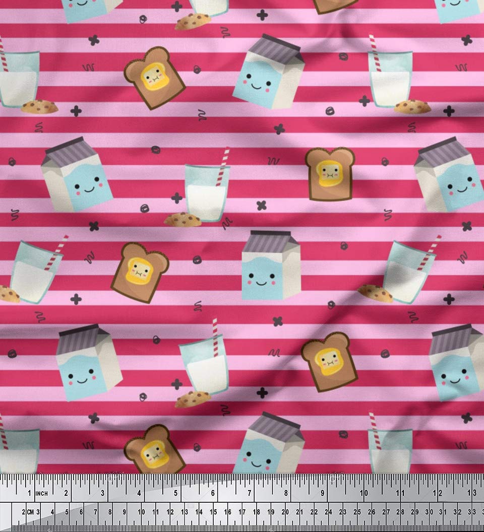 Soimoi Pink Cotton Jersey Fabric Milk & Bread Slice Stripe Print Fabric by The Meter 58 Inch Wide