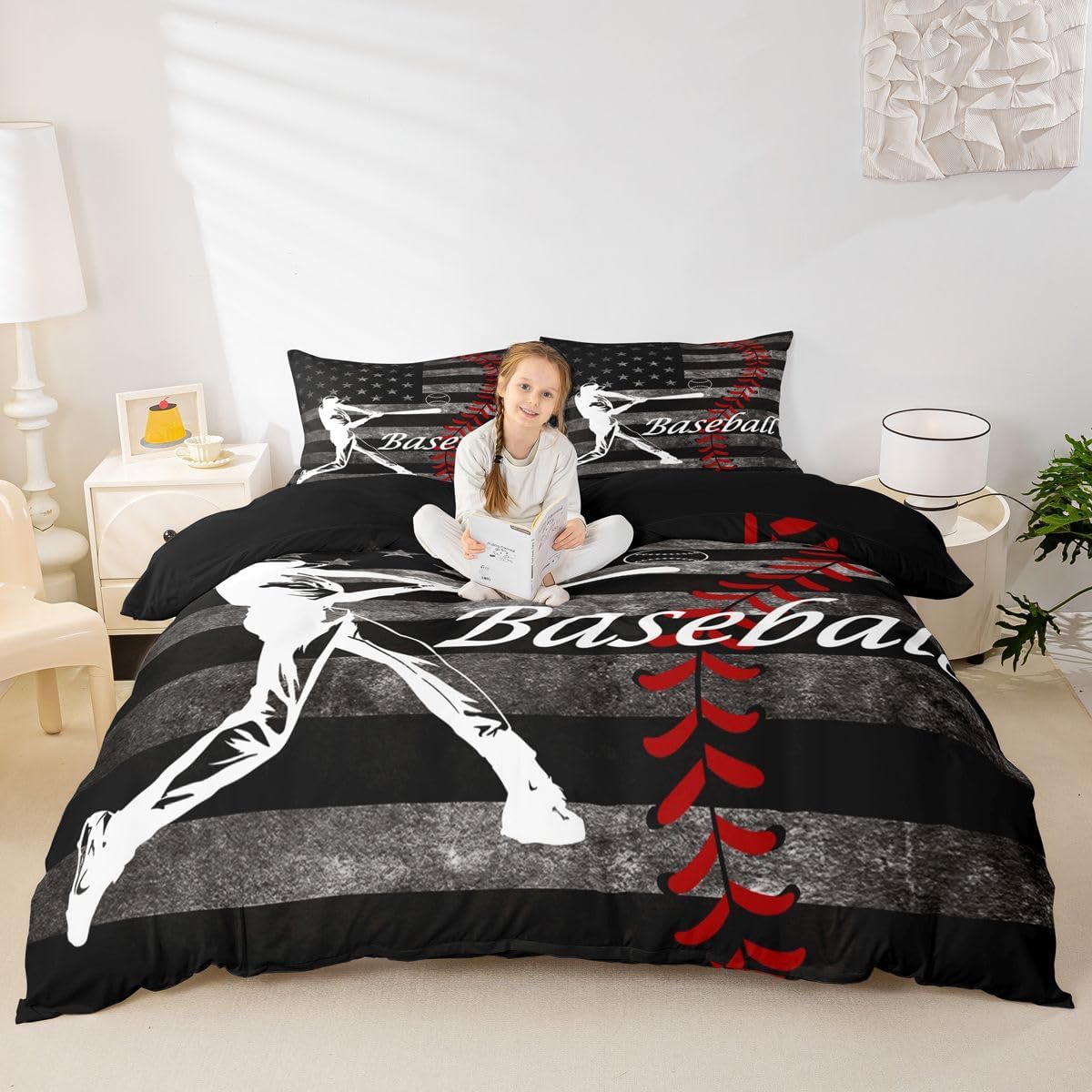 Erosebridal Boys Baseball Bedding Set Vintage American Flag Duvet Cover Queen Size for Adult Girls Kids Ball Games Sports Theme Comforter Cover Retro USA Flag Print Bedding Grunge Stripes Star Decor