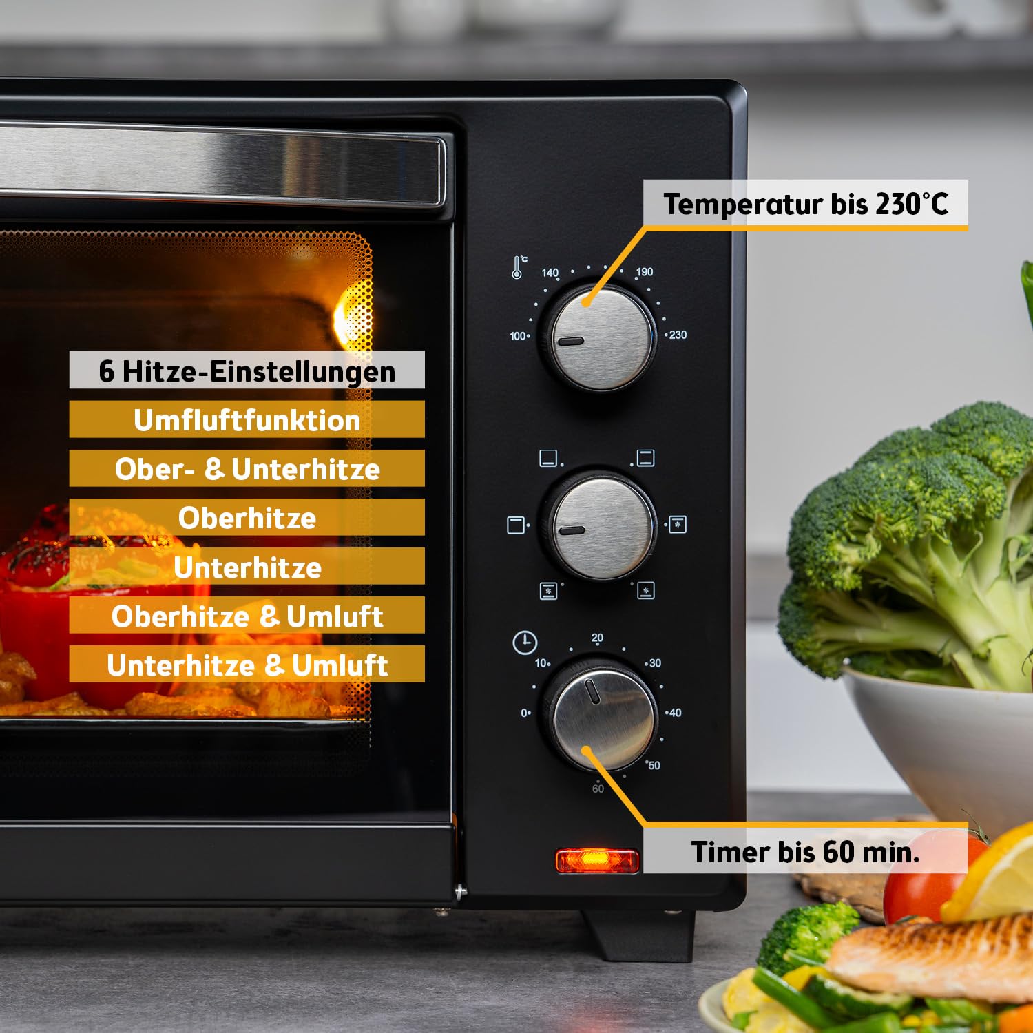 TZS First Austria - Minibackofen 35L 1600W - Mini Backofen Pizzaofen stufenlose Temperaturregelung bis 230°C & Antihaftbeschichtung - Miniofen 60 Min. Timer, 3 Einschubhöhen, Backblech & Grillrost