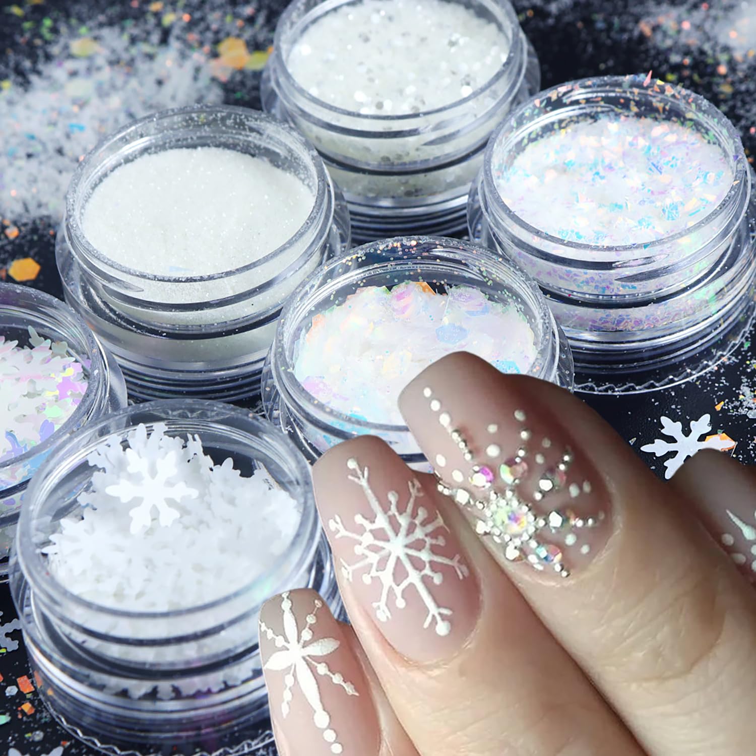 Snowflakes Nail Sequins White Nail Glitter Powder Winter Snowflakes Nail Art Flakes Powder Kit for Acrylic Christmas Nails Decorations DIY Sparkly