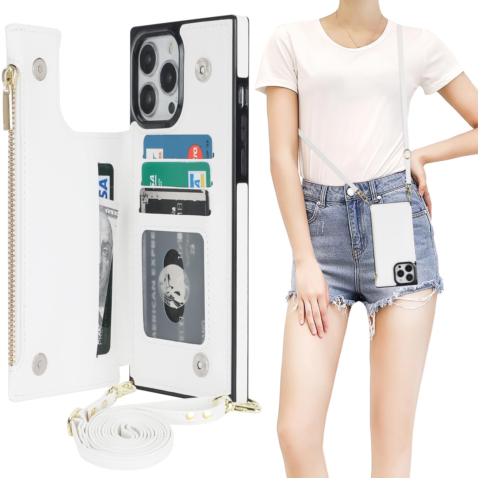 Bocasal Crossbody Wallet Case for iPhone 13 Pro Max with RFID Blocking Card Slot Holder, Magnetic Flip Folio Purse Case, PU Leather Zipper Handbag