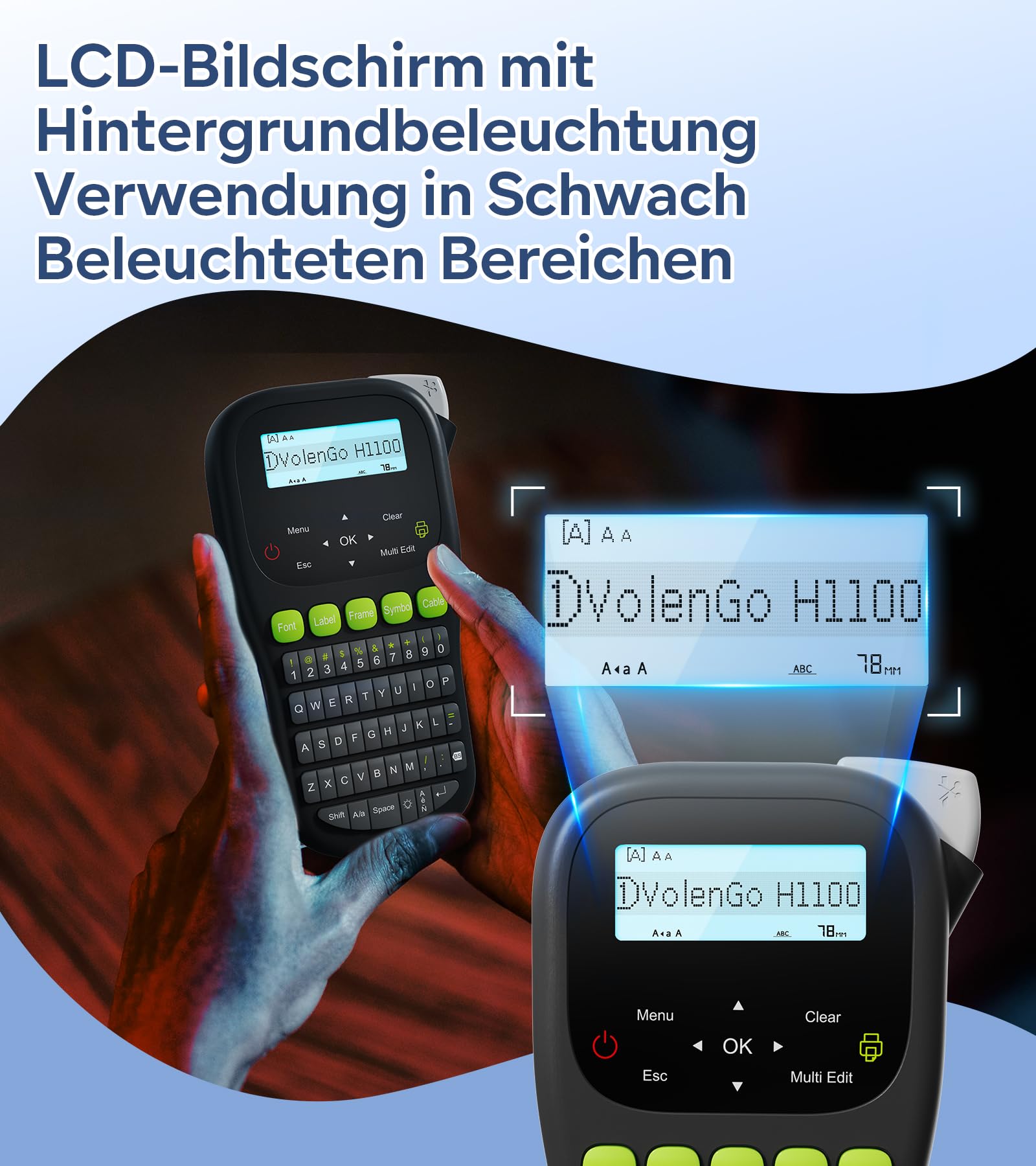 Beschriftungsgerät H1100 – Etikettiergerät & Etikettendrucker mit QWERT Tastatur, LCD-Hintergrundbeleuchtung und Selbstklebendem Label (12 mm). Portable Beschriftungsgerät Handgerät für Heim und Büro