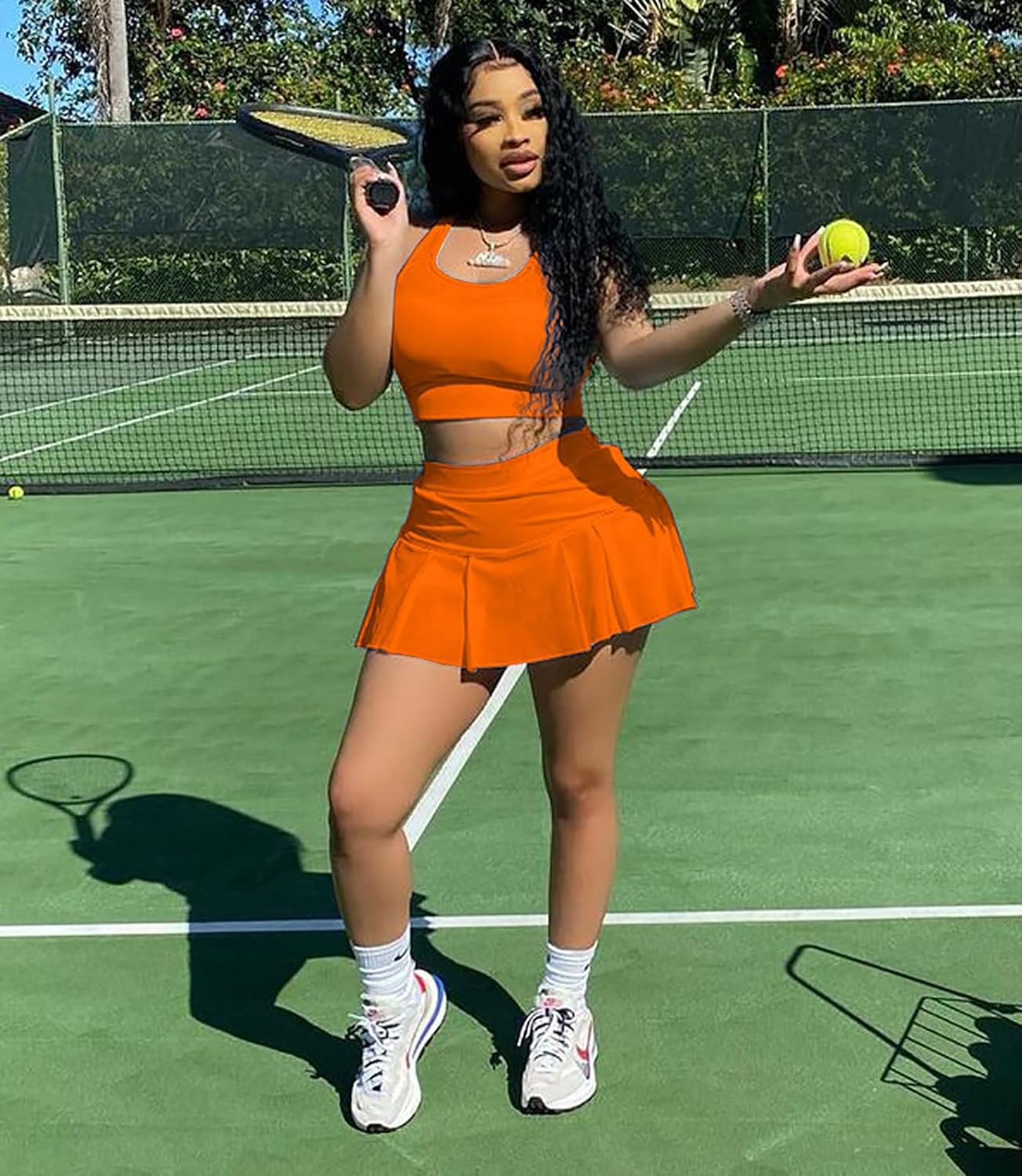 Adogirl Women Tennis Skirt Sets 2 Piece Outfits Casual Tank Crop Top Pleated Mini Dress Golf Athletic Sport Workout Outfits