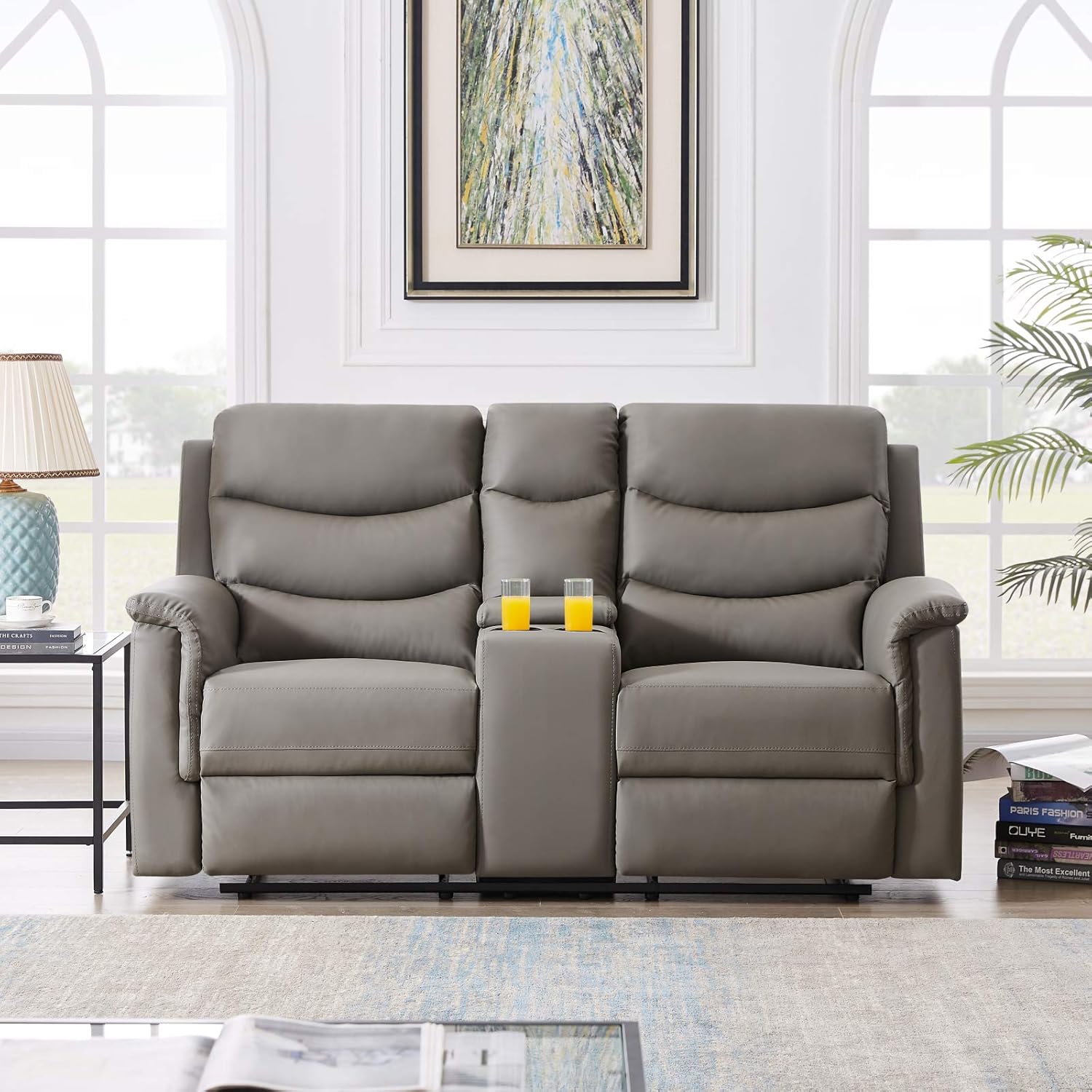 Recliner Sofa Reclining Loveseat Couch Sofa Seat Chair for Living Room - 2 Seater with Cup Holders - Home Theater Seating Manual Recliner Motion Home Furniture, Black PU (2 Seater - Grey)