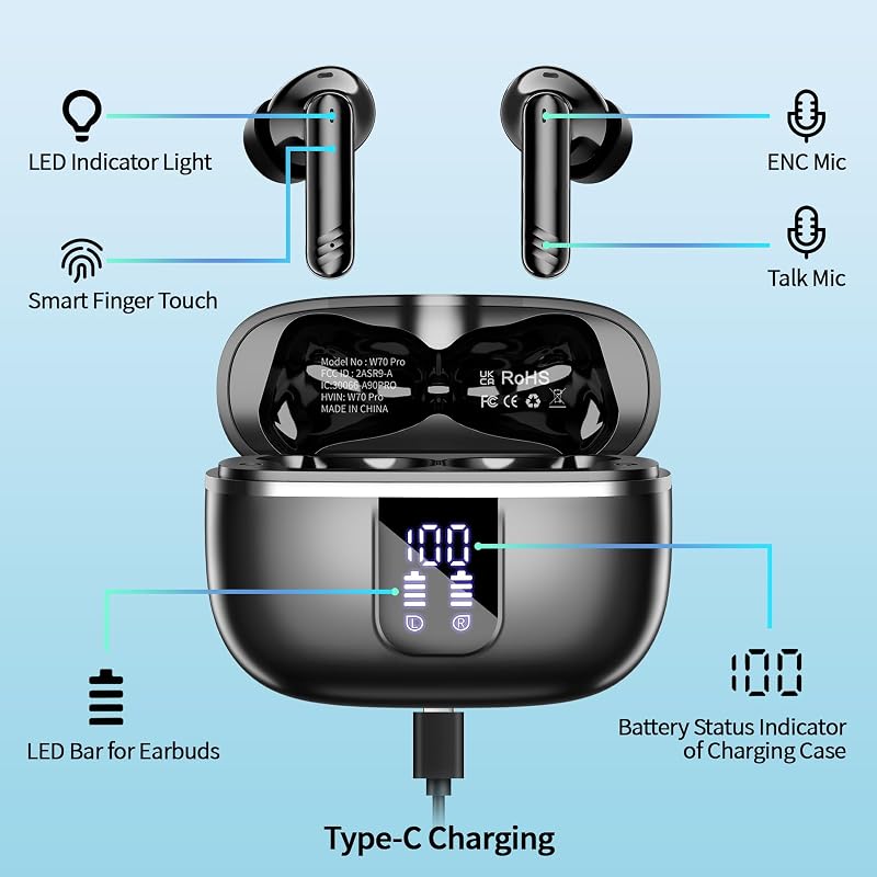 OWMSIC 2026 New Wireless Earbuds, Bluetooth 5.4 Headphones with Noise Cancelling Mic, 46H Headphones with 3D Bass Stereo Sound, Ultralight, USB-C LED, Waterproof IPX7 Earphones for Android iOS. Black image 4
