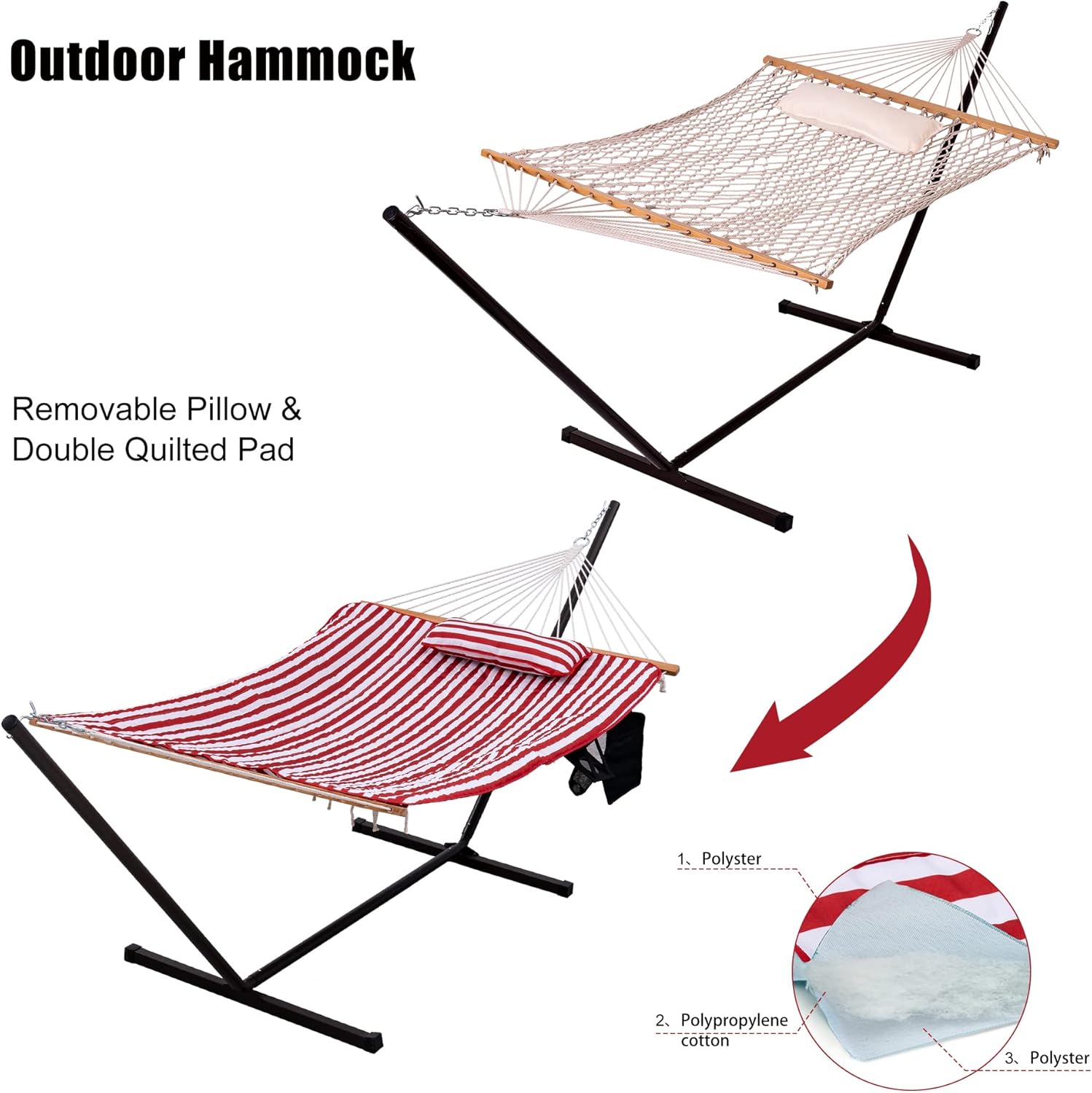 Lazy Daze Hammocks Double Hammock with 12 ft Steel Stand, 2 Person Cotton Rope Hammock with Quilted Pad, Spreader Bars, Detachable Pillow, Mag Bag & Cup Holder, Red/White Stripes
