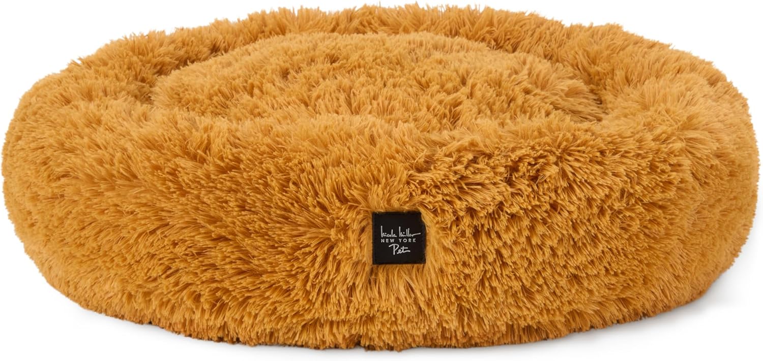 Nicole Miller New York PET Ellie Fuzzy Solid Donut Pet Bed, Plush, Cozy & Calming, Non-Slip Bottom, 100% Machine Washable, Gold, Small 24"x24"x7" Round