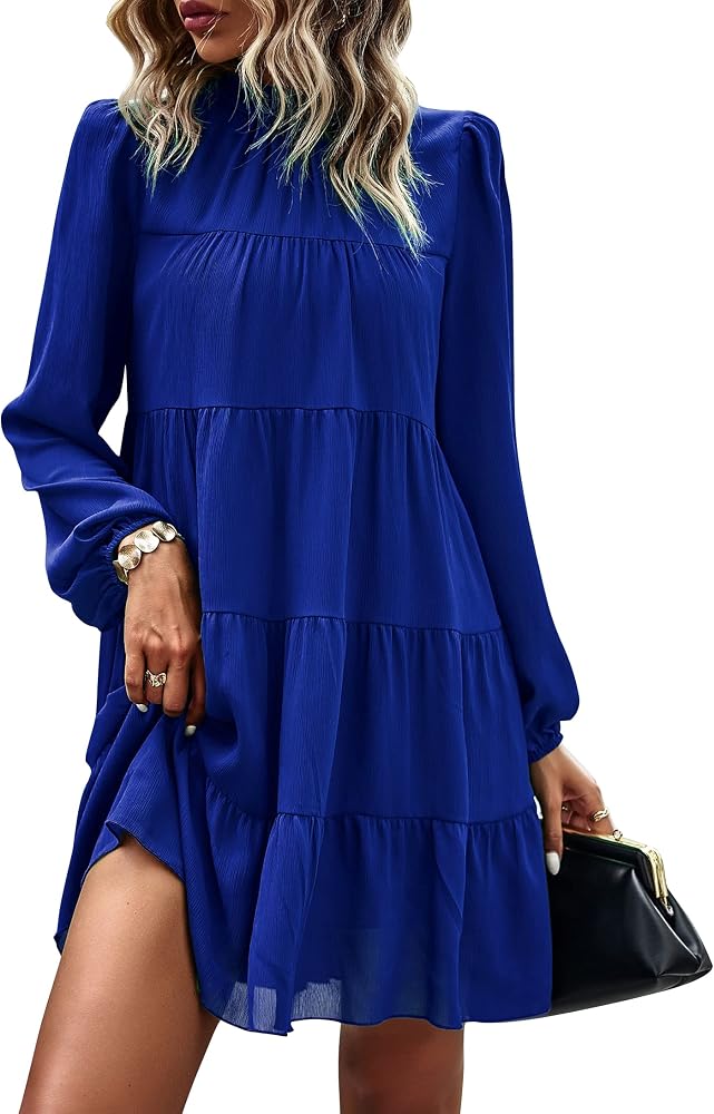 GAOVOT Women's Long Sleeve Mock Neck Dress Mini Dress Casual Ruffle Tiered  Swing Babydoll Fall Winter Short Dresses at Amazon Women's Clothing store