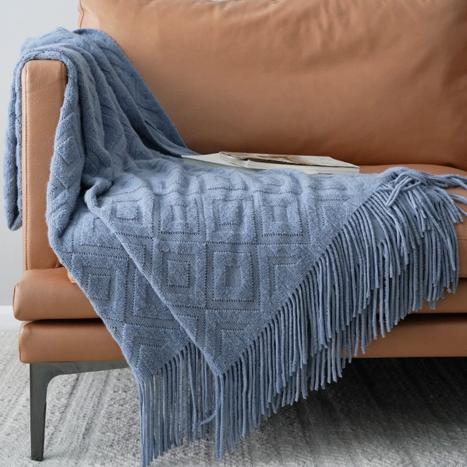 Lumisyne Grey Blue Knitted Throw Blanket Fringes Tassels Solid Color Jacquard Diamond Pattern Lightweight Soft Throws Armchair Cover Decorative Blanket For Couch Sofa Bed Settee 230X130cm
