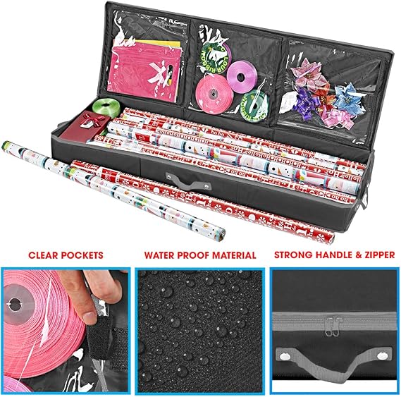 Wrapping Paper Storage Container | Gift Wrap Organizer Under Bed | 41x14x6 | Box Holder for 18-24 Rolls Up to 40 | 600D Oxford Material | Pockets for Ribbon, Bows, and Accessories (Black)