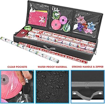 Wrapping Paper Storage Container | Gift Wrap Organizer Under Bed | 41x14x6 | Box Holder for 18-24 Rolls Up to 40 | 600D Oxford Material | Pockets for Ribbon, Bows, and Accessories (Black)