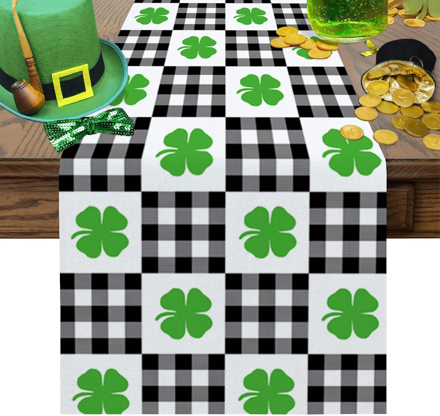 St.Patricks Day Table Runner, Decorative Tabletop Cover 13x120inch Cotton Linen Table Runners for Everyday Dining Wedding Party Holiday Home Decor, Four-Leaf Clover Black White Plaid Theme Lucky