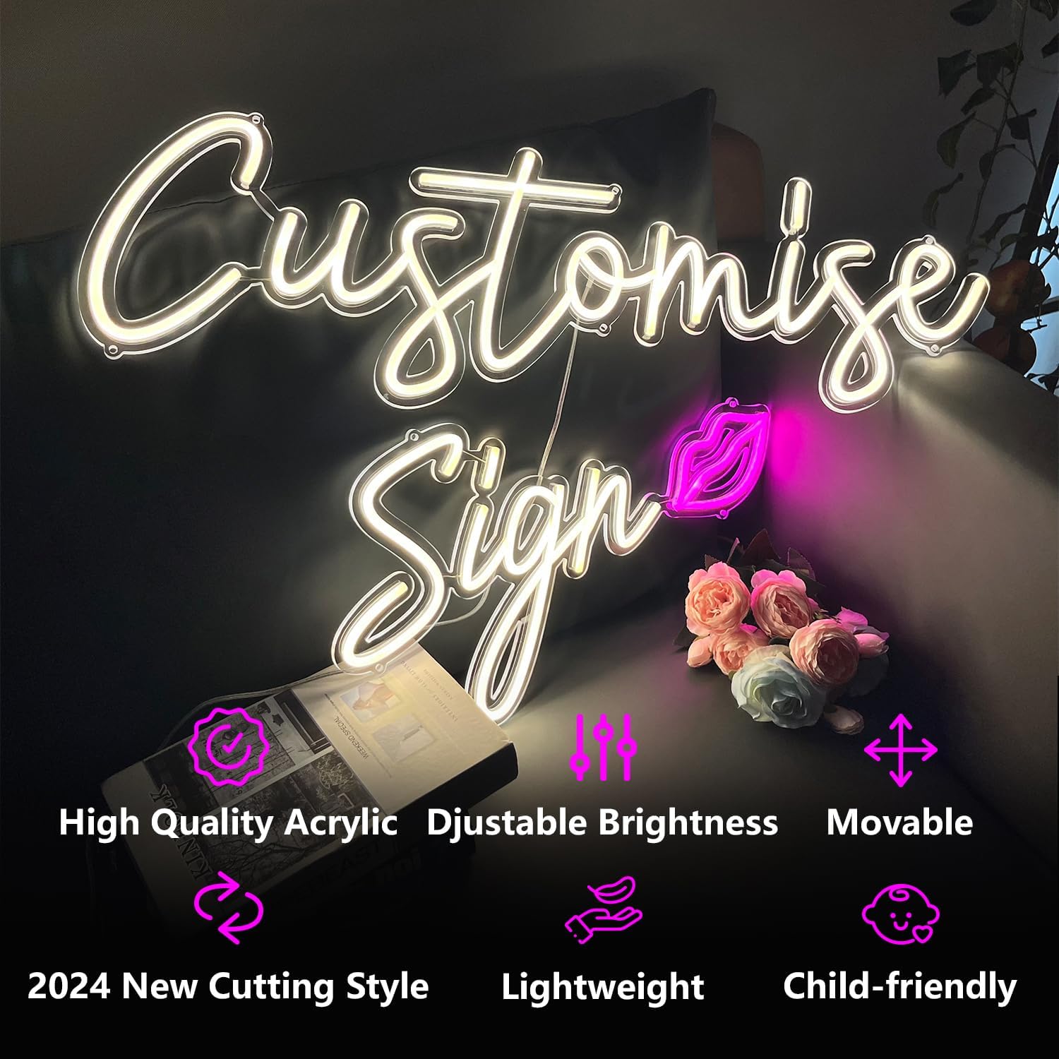 Custom Neon Sign, 2024 New Customizable LED for Wall Decor, Personalized Movable Large for Wedding Birthday Gifts, Name Light for Bedroom Party Business Salon Bar