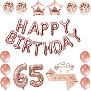 Rosegold 65. Geburtstags‑Party‑Deko‑Set, Geburtstagsdeko‑Kit, Riesen‑Folienballon Zahl 65, Kristall‑Tiara und Geburtstagsschärpe für den 65. Geburtstag