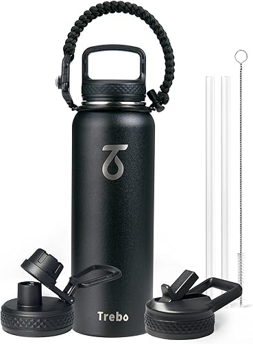 Miniatura 38 de Trebo Botella de Agua de 24 oz Aislada con Tapa y Pajita, Termo de Acero Inoxidable de Doble Pared al Vacío con Mango de Paracord, Frasco Deportivo