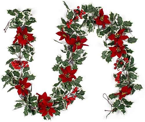 3 guirnaldas de bayas rojas acebo de 8.53 pies, guirnalda de decoraciones de Navidad con conos de pino y flor de pascua, guirnalda de Navidad disponible en Yaxa Venezuela