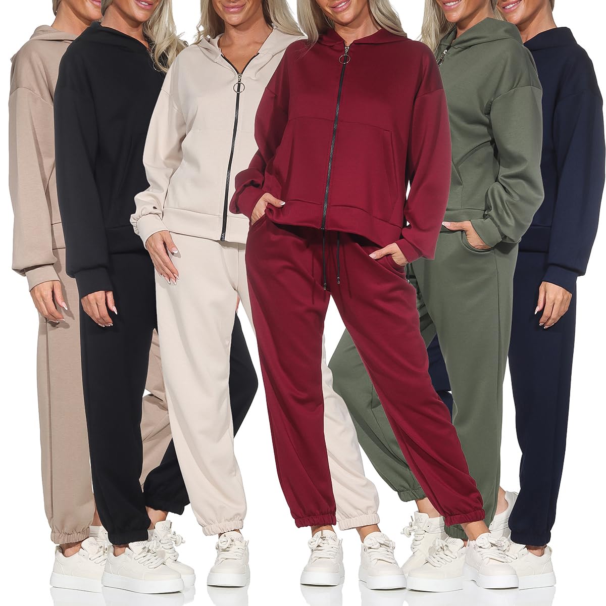 Damen Trainingsanzug 2 Teilig Set Hausanzug mit Kapuze & Reißverschluss – Sportlicher Jogginganzug Sweatjacke & Jogginghose Einheitsgröße (36-42) 618