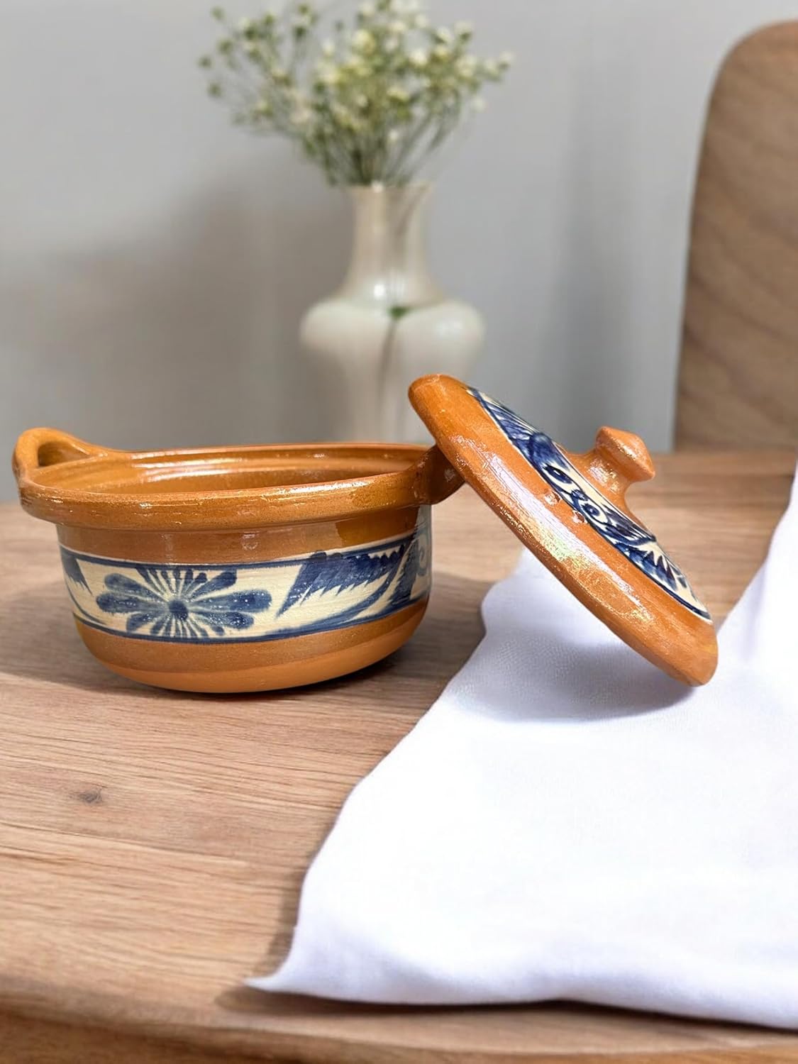 Traditional Mexican Barro Bean and Chili Pot – Handcrafted Clay Pot, 10 Inches Wide, Stovetop & Oven Safe, with Blue Accents – Perfect for Cooking and Serving