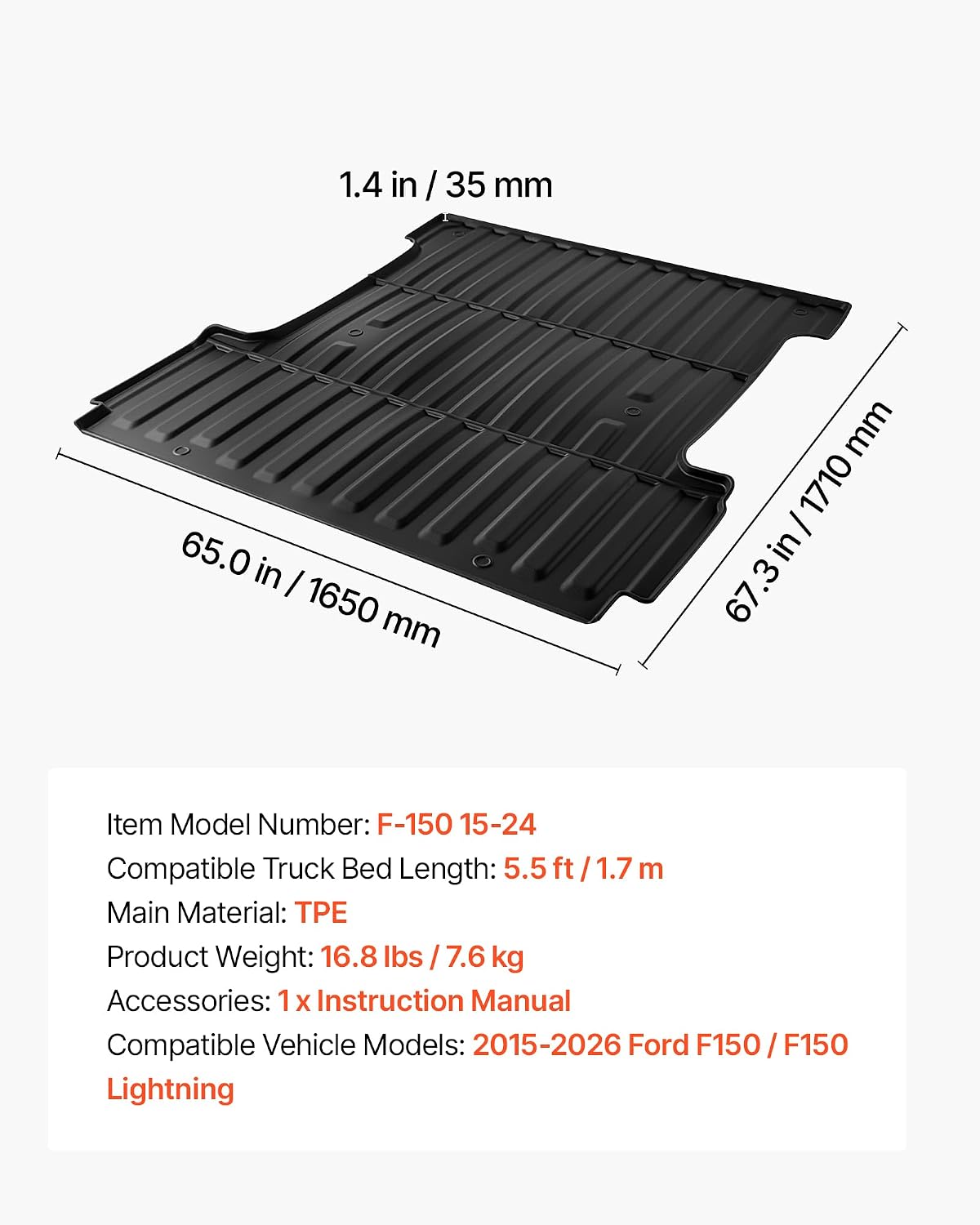 VEVOR Truck Bed Mat, TPE, Compatible with 2015-2026 Ford F150 Lightning Bed, Heavy Duty Custom Fit, All Weather Protection Pickup Car Cargo Trunk Liner Replacement, for 2015-2026 Ford F150 Accessories