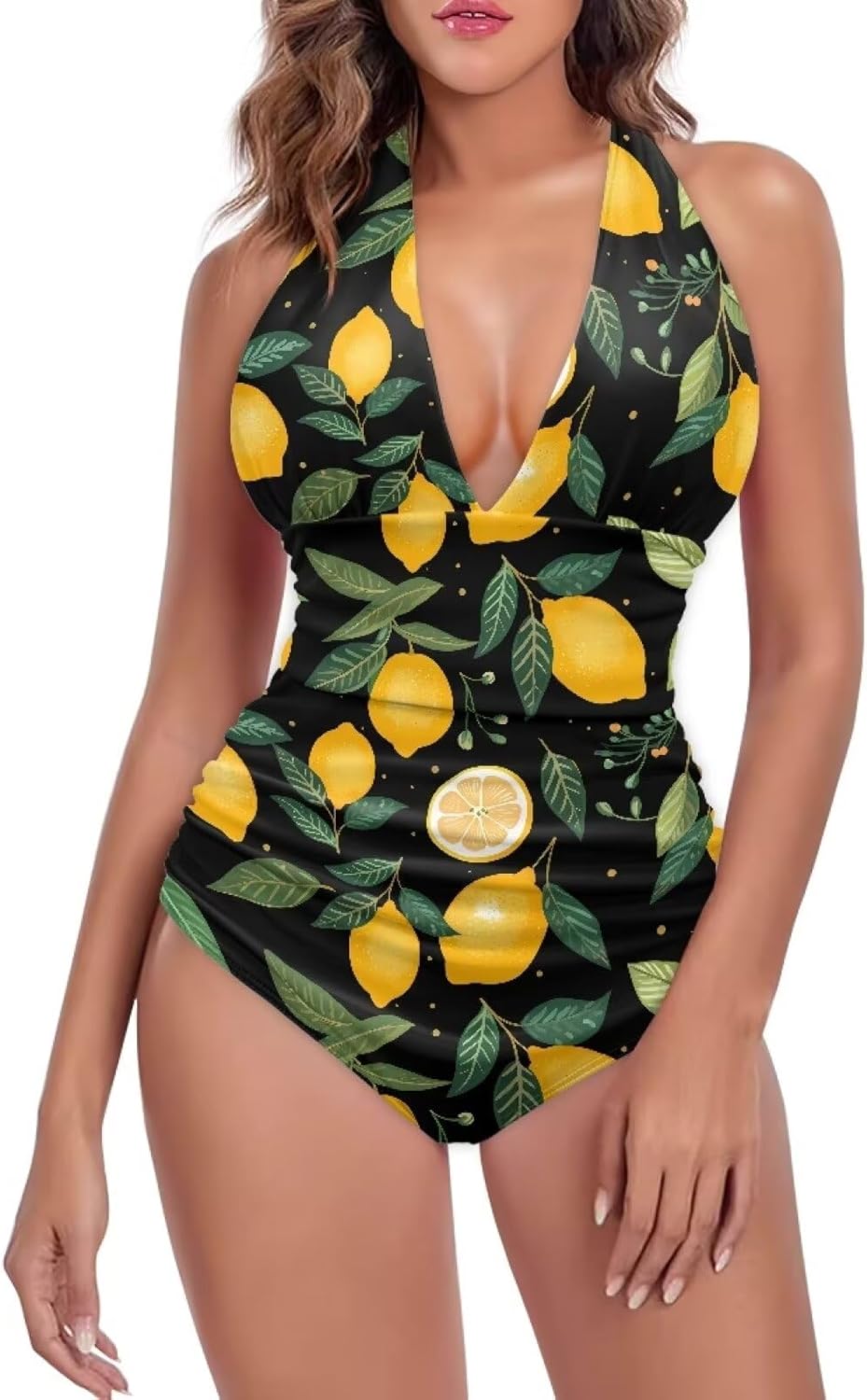 Biyejit Women One Piece Swimsuit V Neck Halter Ruched High Waist Tummy Control Backless Bathing Suits Plus Size S-3XL