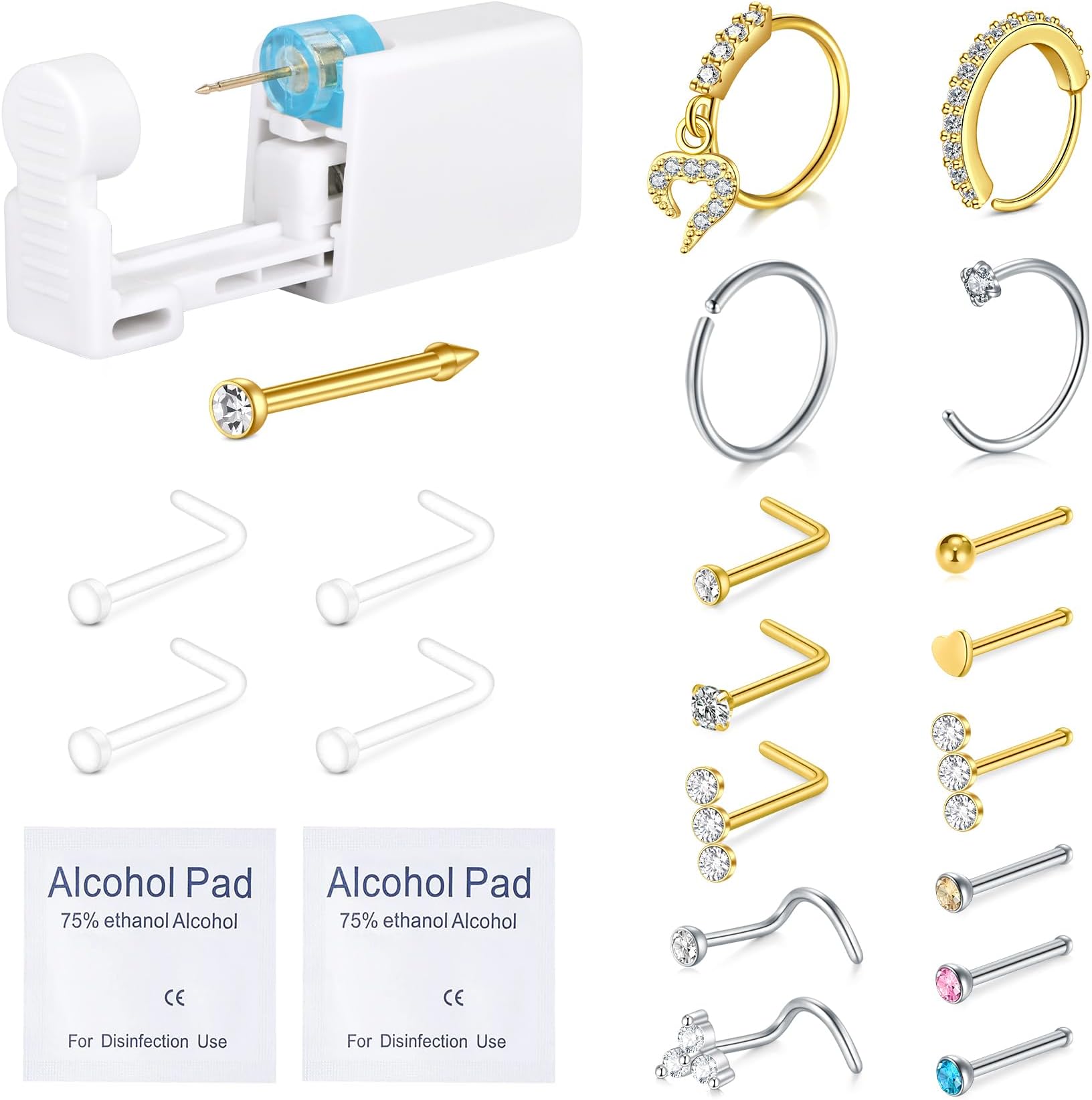 QWALIT Nose Piercing Kit - Self Piercing Gun Kit with Disposable Nose Rings in D Silver