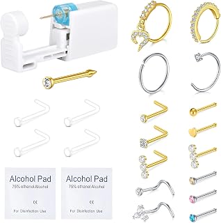 QWALIT Nose Piercing Kit - Self Piercing Gun Kit with Disposable Nose Rings in D Silver