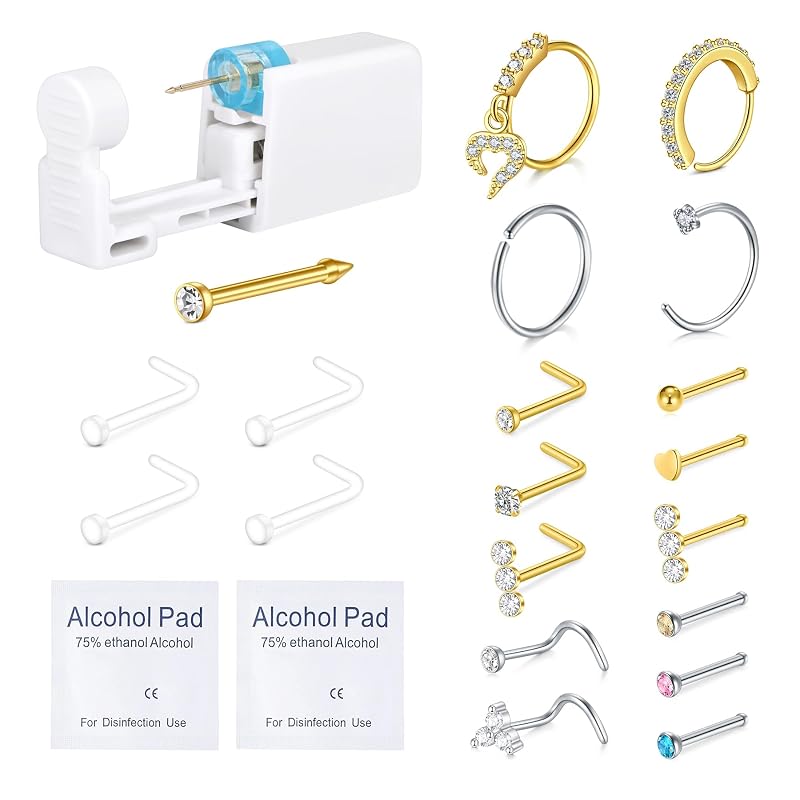 Kit para piercing nasal QWALIT com aplicador descartável e argolas e pinos nasais