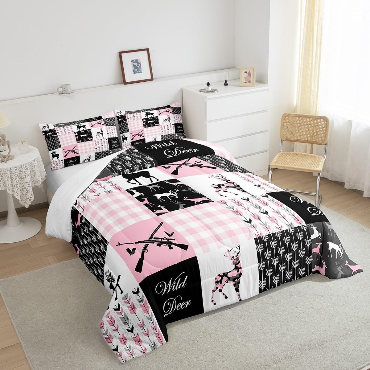 jejeloiu Camo Antler Comforter Set Full Size Kids Deer Hunting Pink Plaid Buffalo Comforter for Boys Teens Farmhouse Cabin Camouflage Boho Arrow Bedding Set Wild Animal Duvet Set Quilt Set