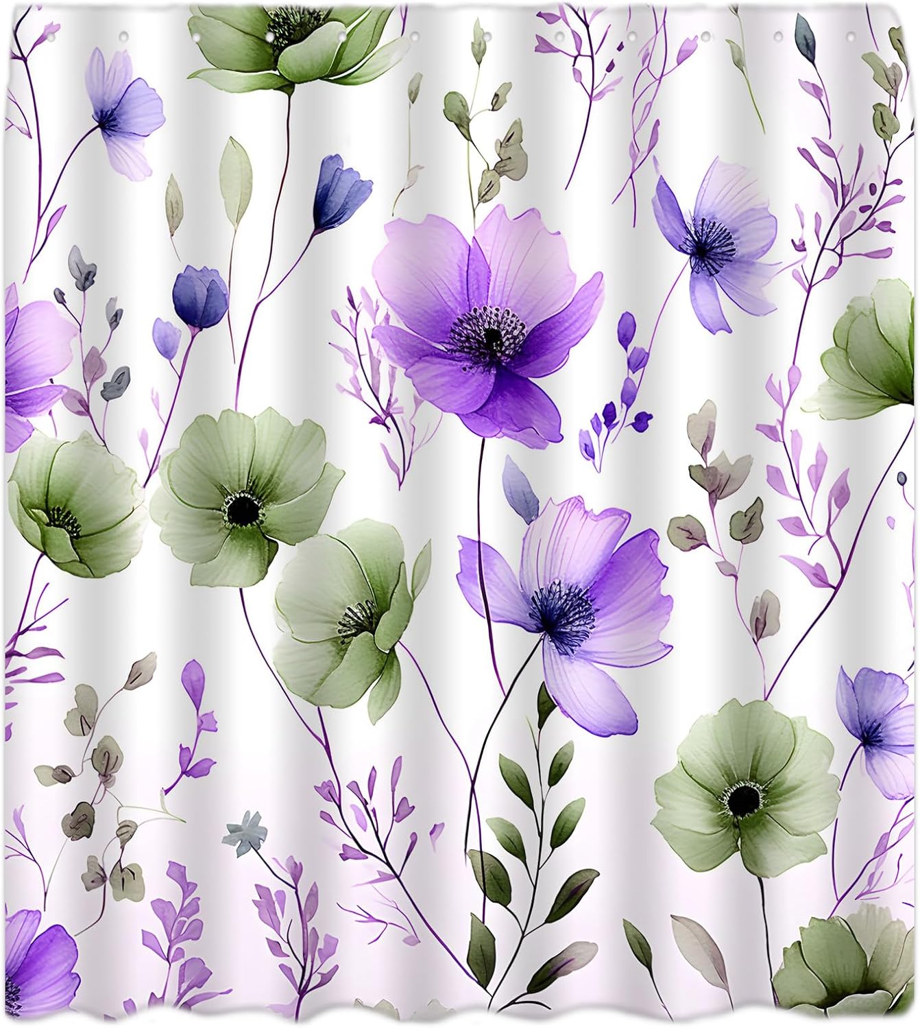 Sage Green Purple Floral Shower Curtain Watercolor Colourful Boho Wildflower Blossom Plant Flower Modern Minimalist Fabric Bath Curtain Set with Hook