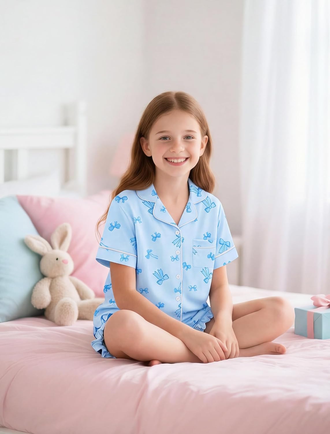 Mikrdoo Girls Pajamas Summer Short Sleeve and Shorts with Pockets 2Pcs Pajama Set for Kids Soft Sleepwear 6-16 Years