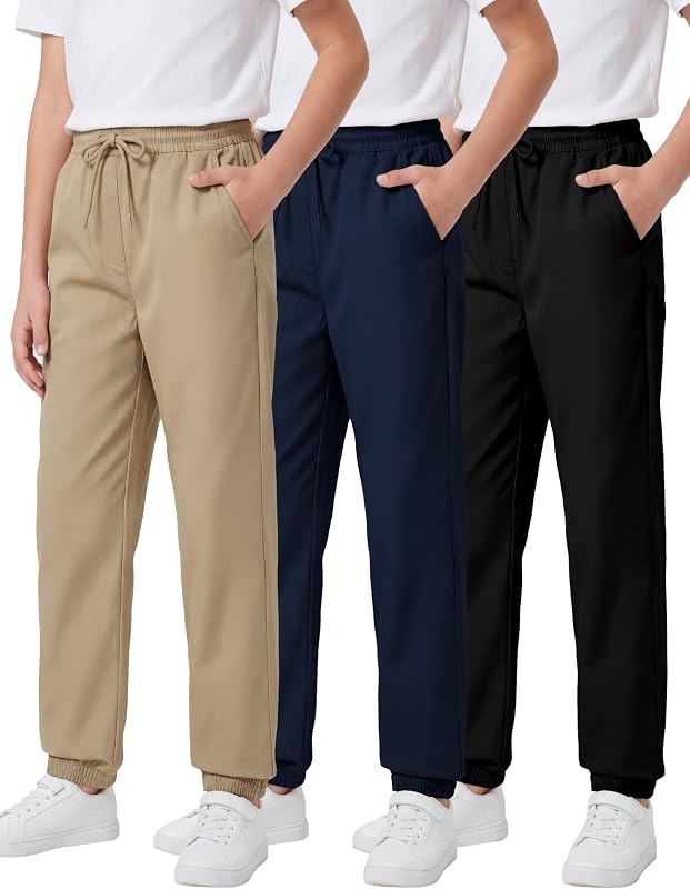 3 Pack Boys Jogger Pants Boy Uniform Pants with Drawstring Pockets Elastic Waist Pull on Pants for Boys 5-14Y