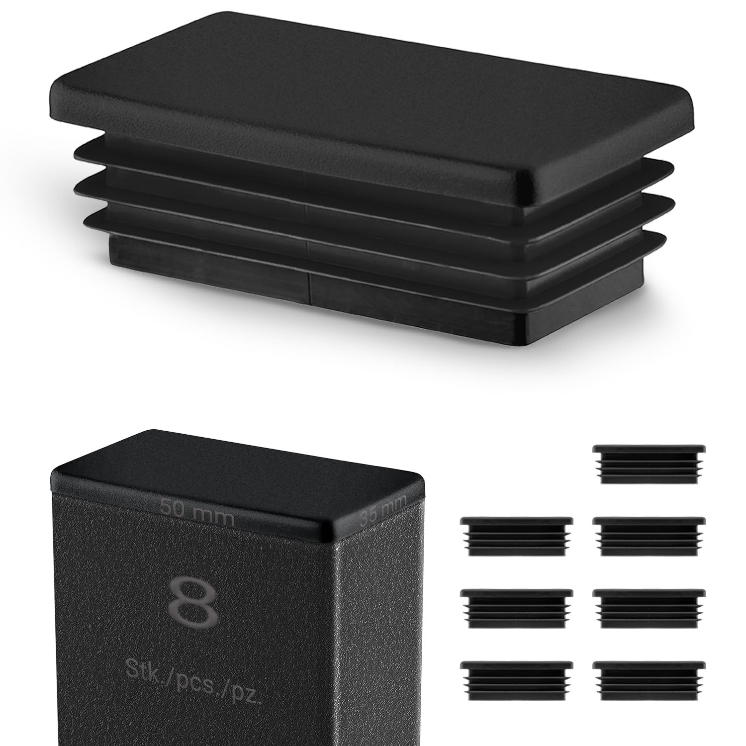 EMFA Rectangular Plastic End Caps 50x35 mm Black, 8 Pack