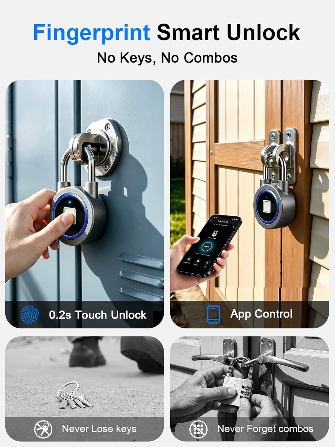 Fingerprint Lock Gym Lock, Smart Padlock Finger Print Lock for Locker with APP Unlock, Rechargeable Biometric Lock Waterproof Locker Lock for Gym, School, Gate, Fence, Shed, Garage (Blue) image 2