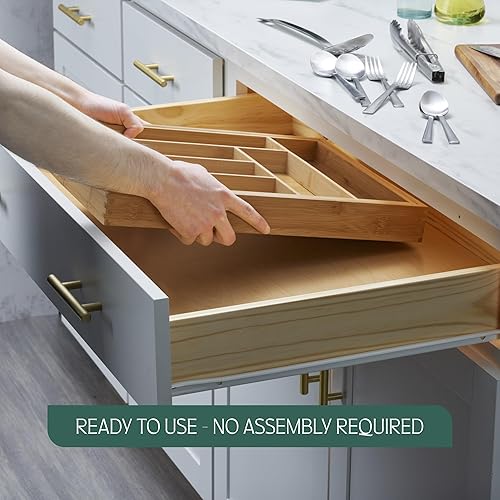 Miniatura 2 de RUBOXA Organizador moderno de cubiertos expandible de bambú para cajones, utensilios de cocina, cubiertos, suministros de oficina, cosméticos,