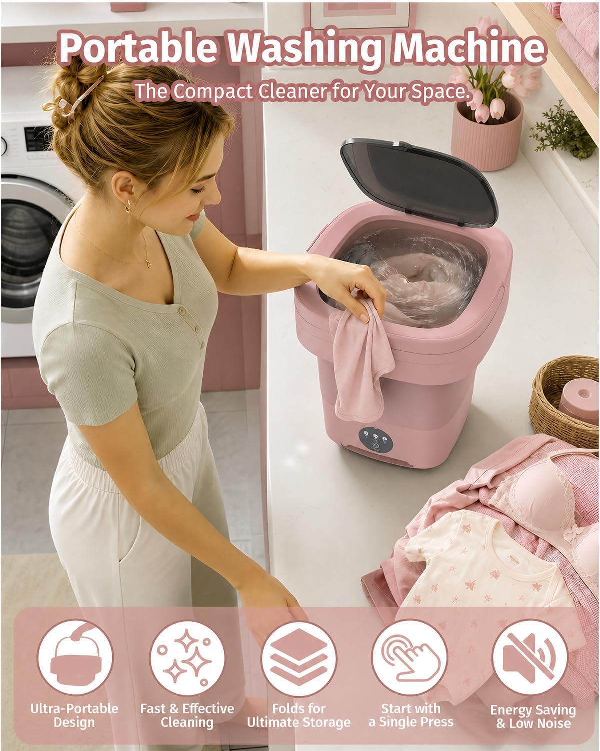 JUJOJB Portable Washing Machine, Folding 20L Mini Washer and Spin-Dryer, 3 Cleaning Modes Small Compact Laundry Machine of Underwear, Baby Clothes, for Apartments, Dormitories, RV, Travel(Pink)