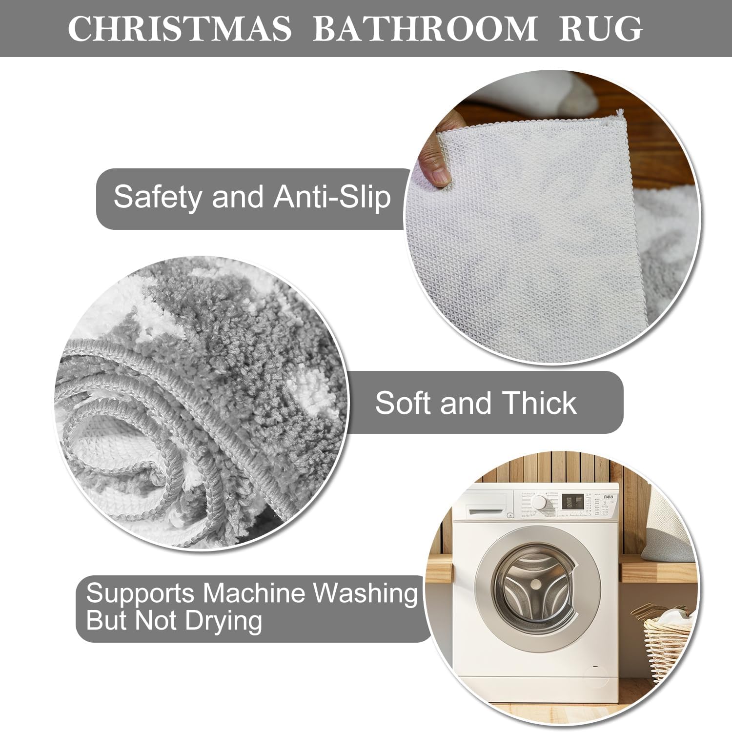 Snowflake Bathroom Rugs, Grey Christmas Soft Absorbent Bath Mat, Non Slip Xmas Winter Holiday Shower Mat for Bathroom Decorations, 20" x 32"